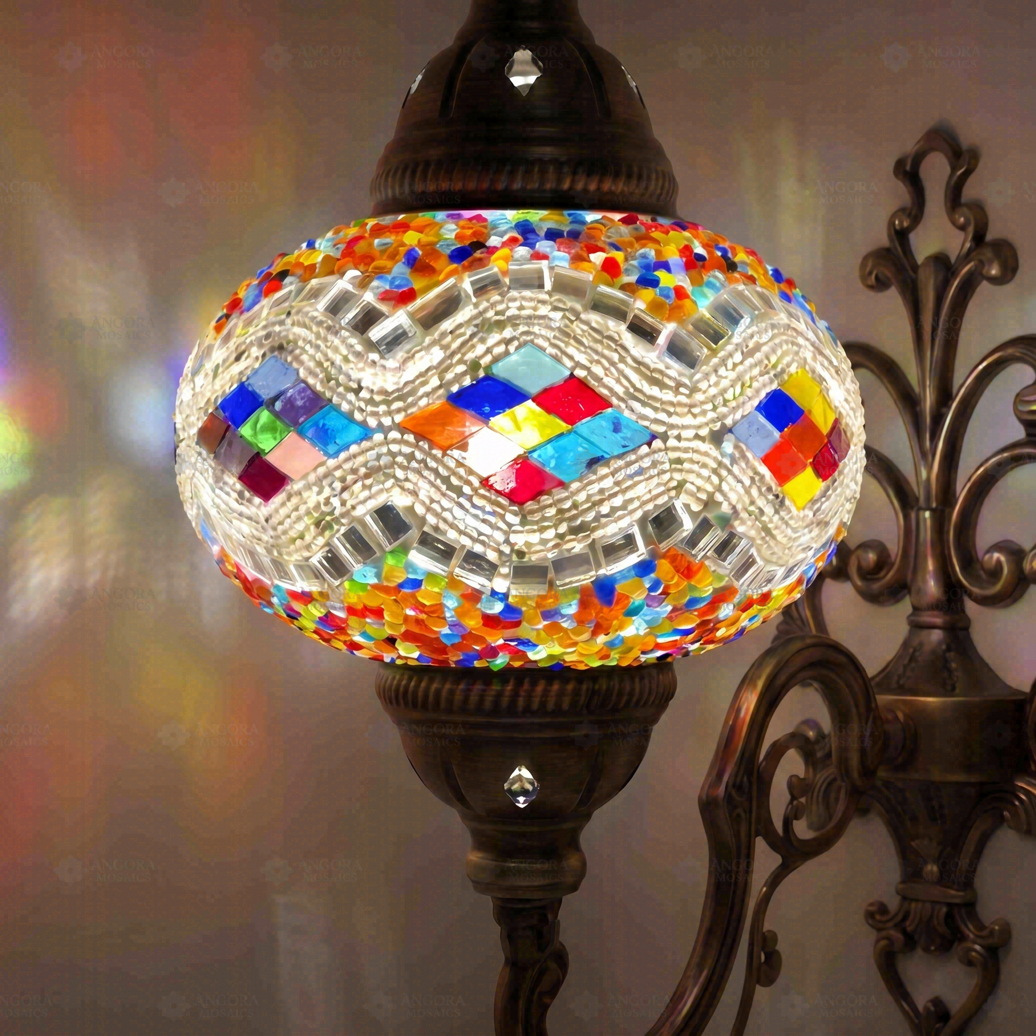 Lit close-up of mosaic glass globe — Multicolor wall sconce glowing (ENV APN3014)