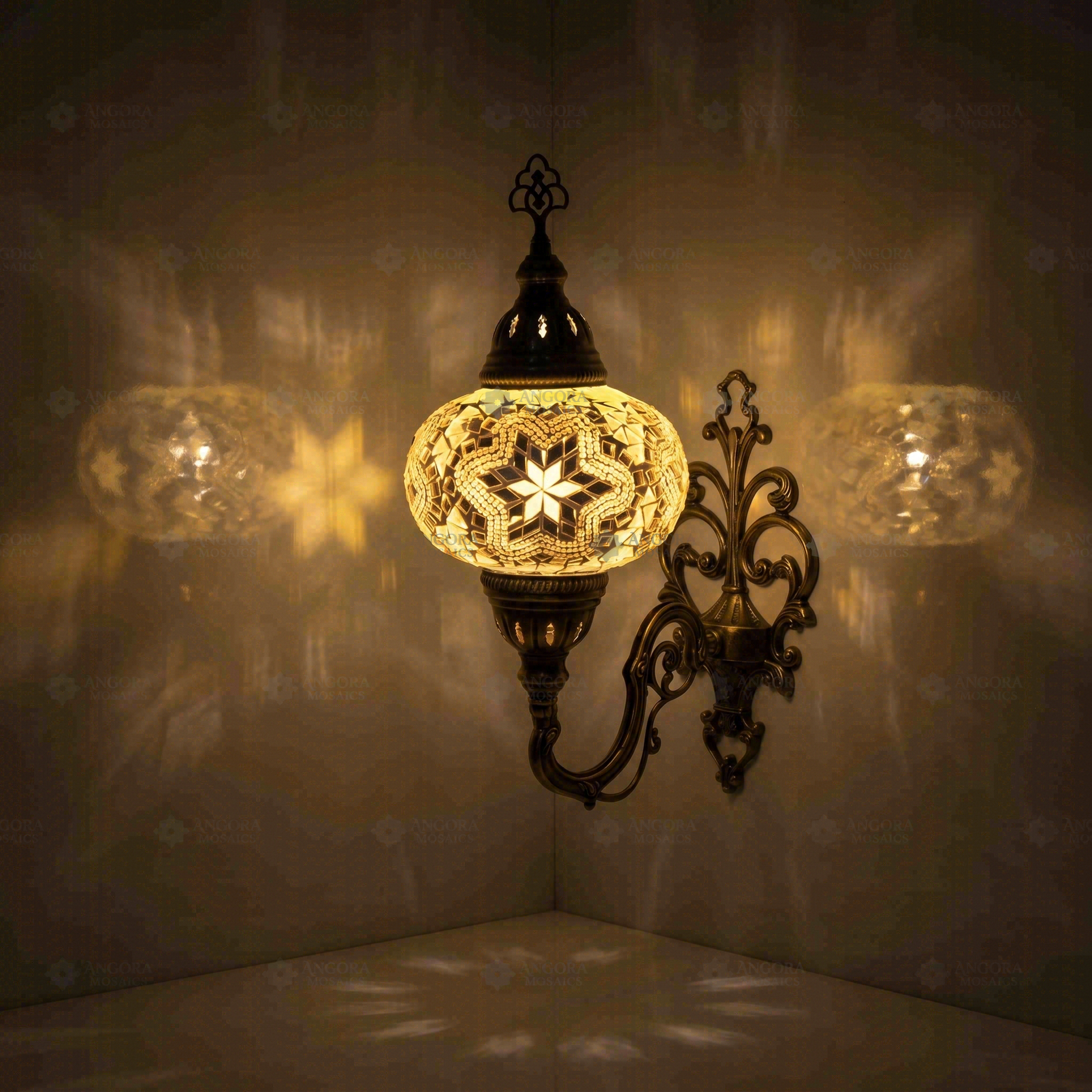 Clear Turkish mosaic wall sconce illuminated, showing colorful light projection (ENV APN3015)