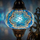 Lit close-up of mosaic glass globe — Blue wall sconce glowing (ENV APN3016)