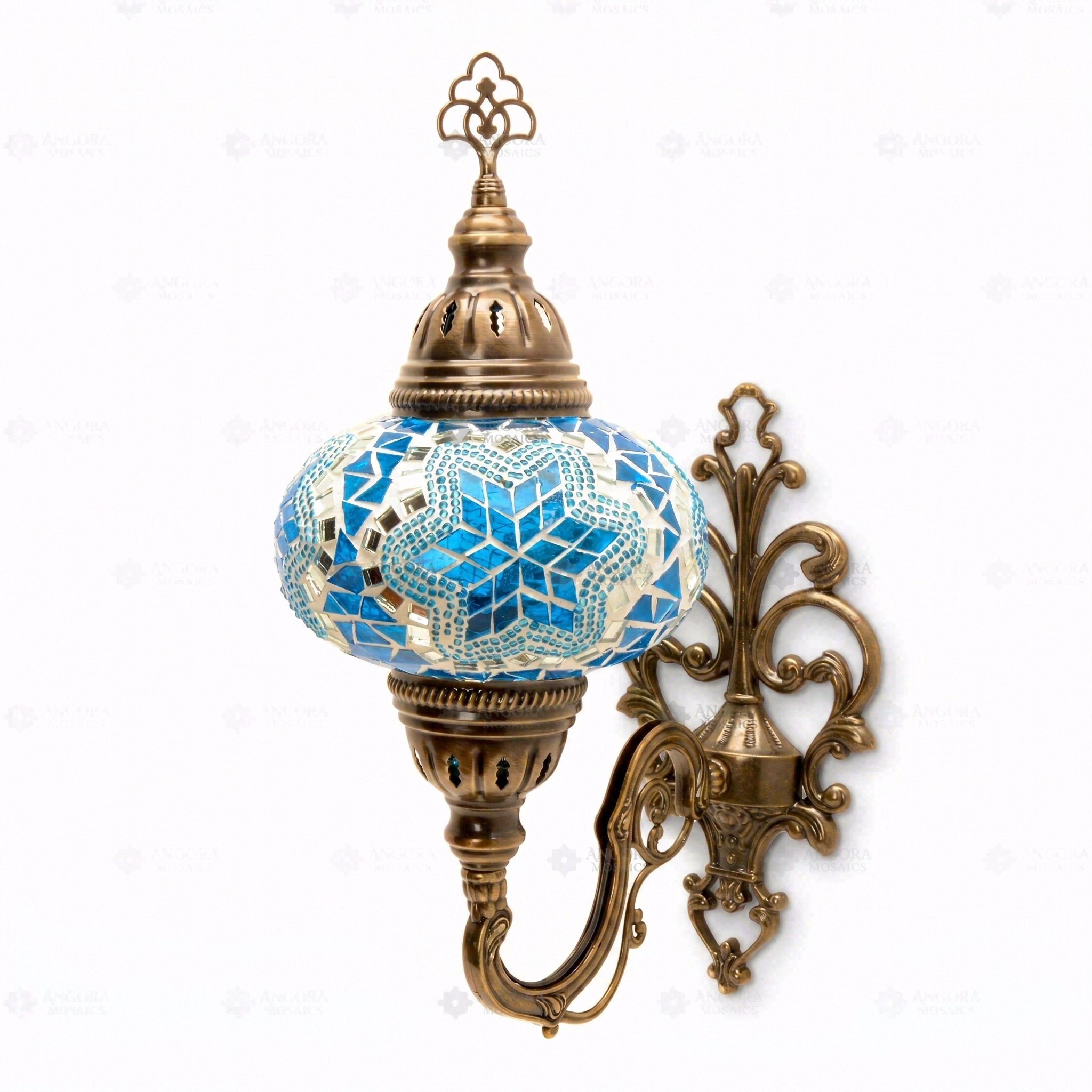 Full view of handmade Blue blue jewel Turkish mosaic wall sconce on white background (ENV APN3016)
