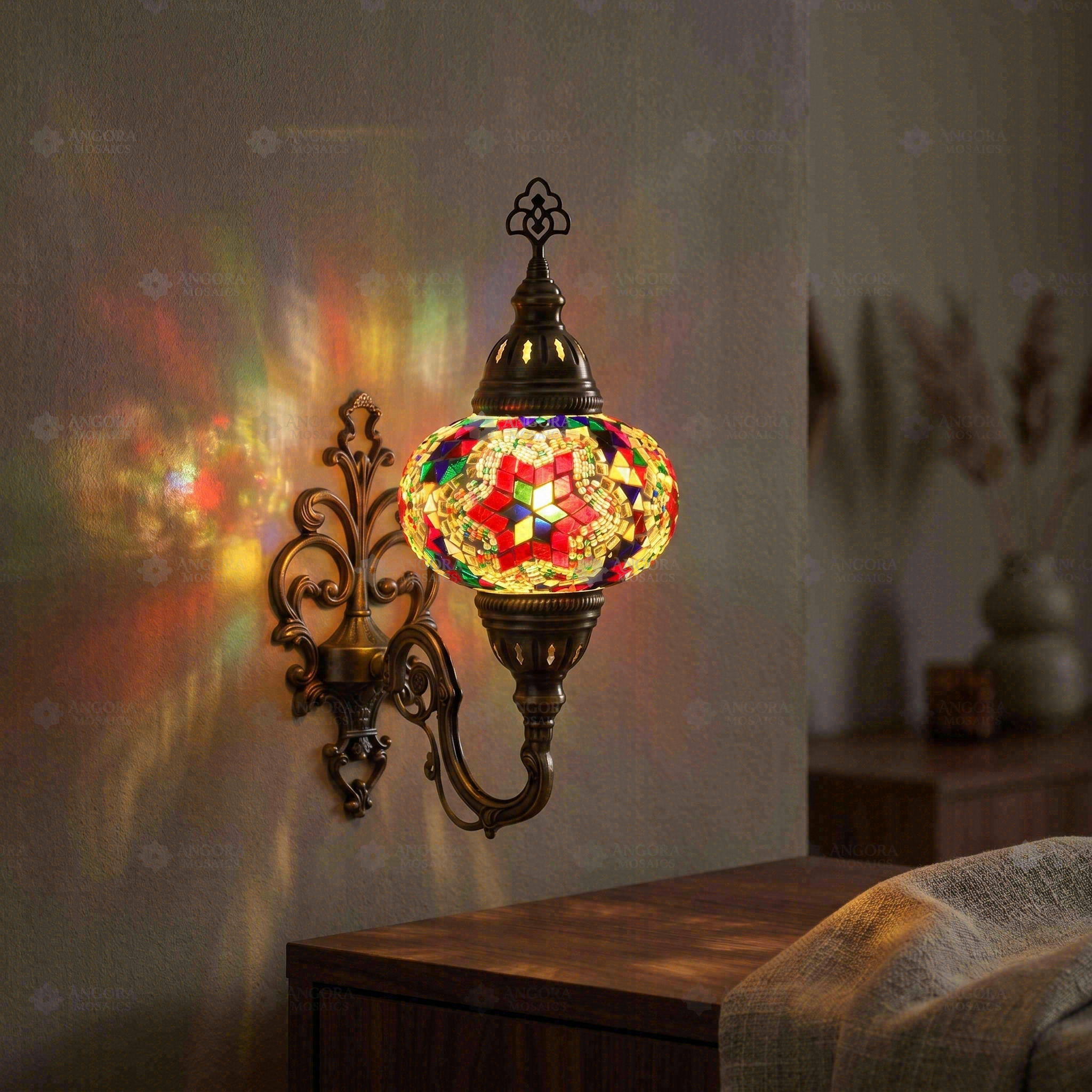 Multicolor multicolor jewel Turkish mosaic wall sconce in styled room — handmade Moroccan wall sconce (ENV APN3017)