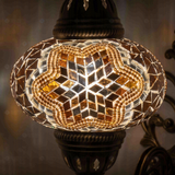 Lit close-up of mosaic glass globe — Warm Tones wall sconce glowing (ENV APN3019)