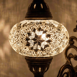 Lit close-up of mosaic glass globe — White wall sconce glowing (ENV APN3022)