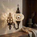 White white glow Turkish mosaic wall sconce in styled room — handmade Moroccan wall sconce (ENV APN3022)