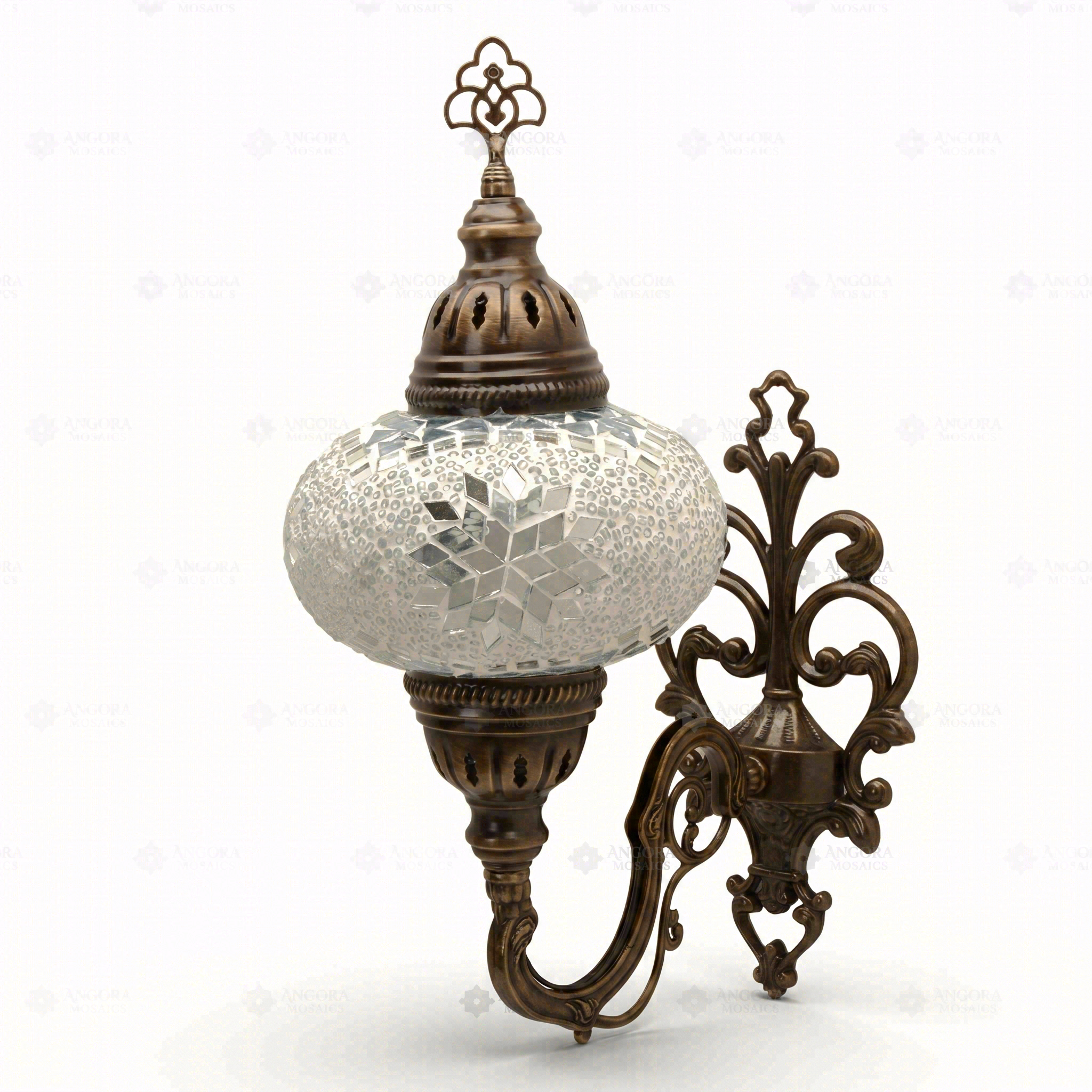 Full view of handmade White white glow Turkish mosaic wall sconce on white background (ENV APN3022)