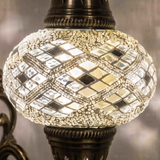 Lit close-up of mosaic glass globe — White wall sconce glowing (ENV APN3023)