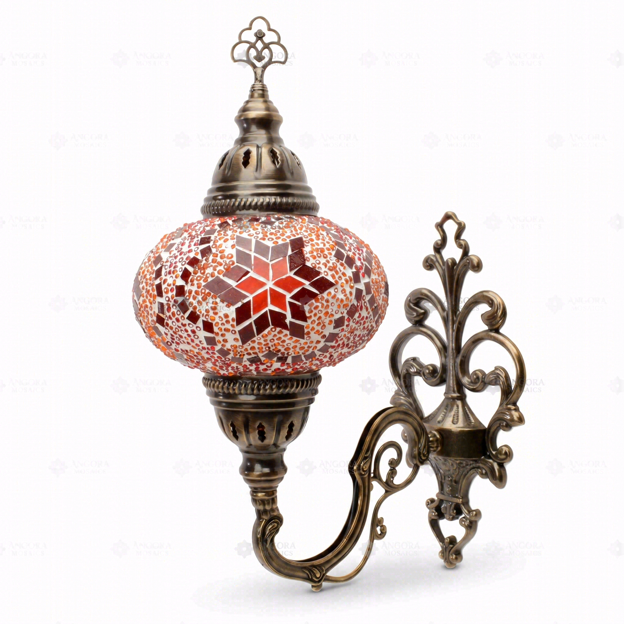 Full view of handmade Red ruby red Turkish mosaic wall sconce on white background (ENV APN3025)