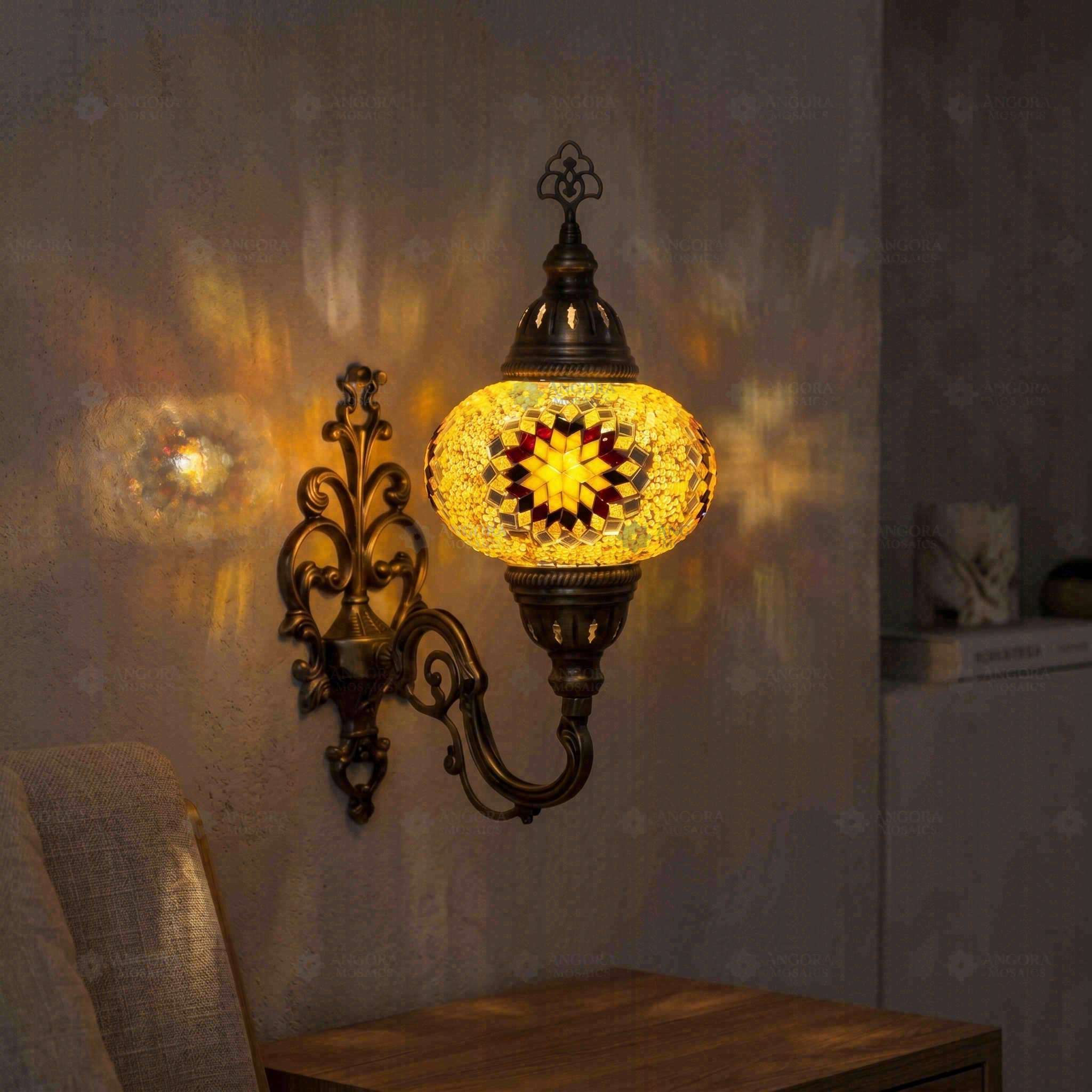 Amber warm amber Turkish mosaic wall sconce in styled room — handmade Moroccan wall sconce (ENV APN3026)