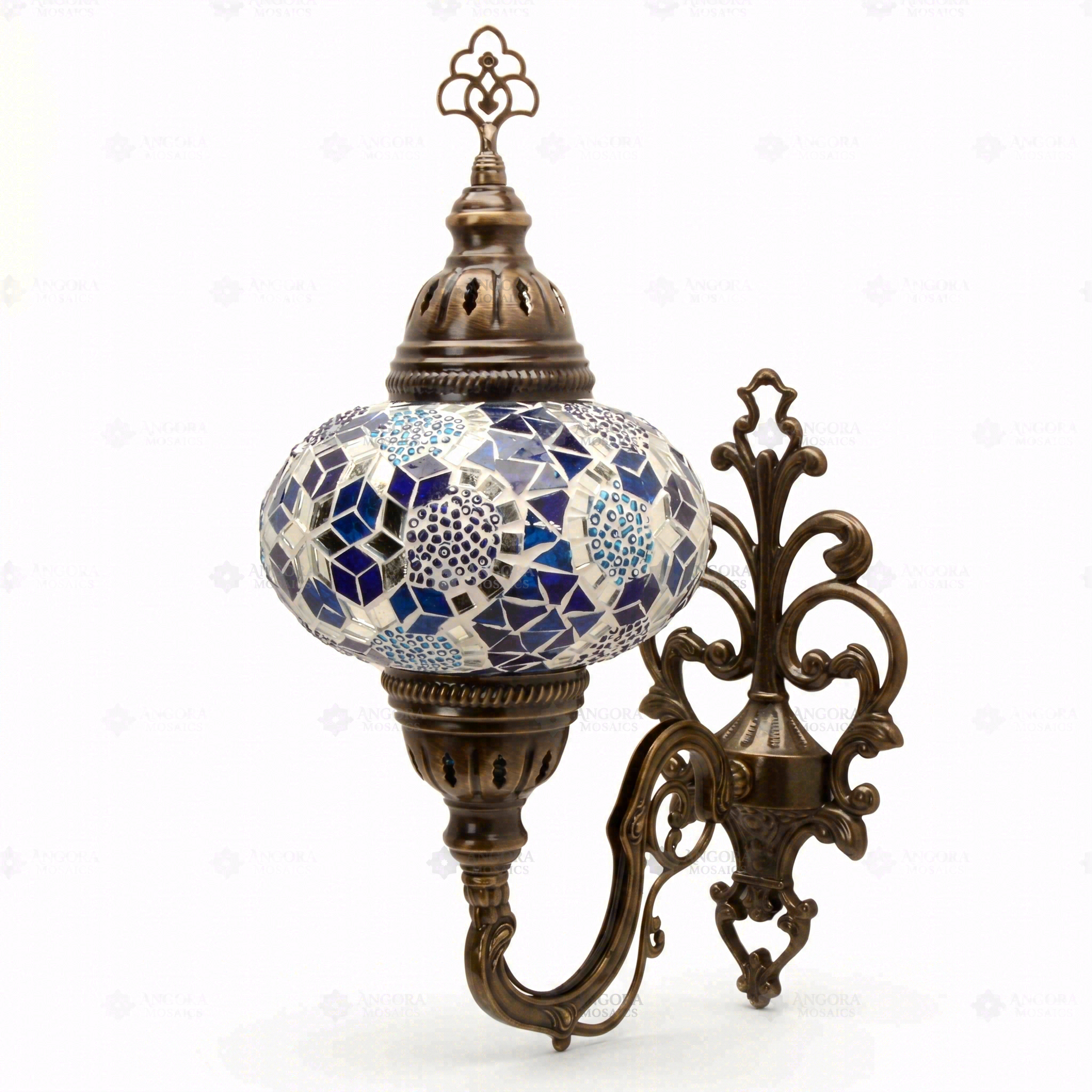 Full view of handmade Blue blue jewel Turkish mosaic wall sconce on white background (ENV APN3028)