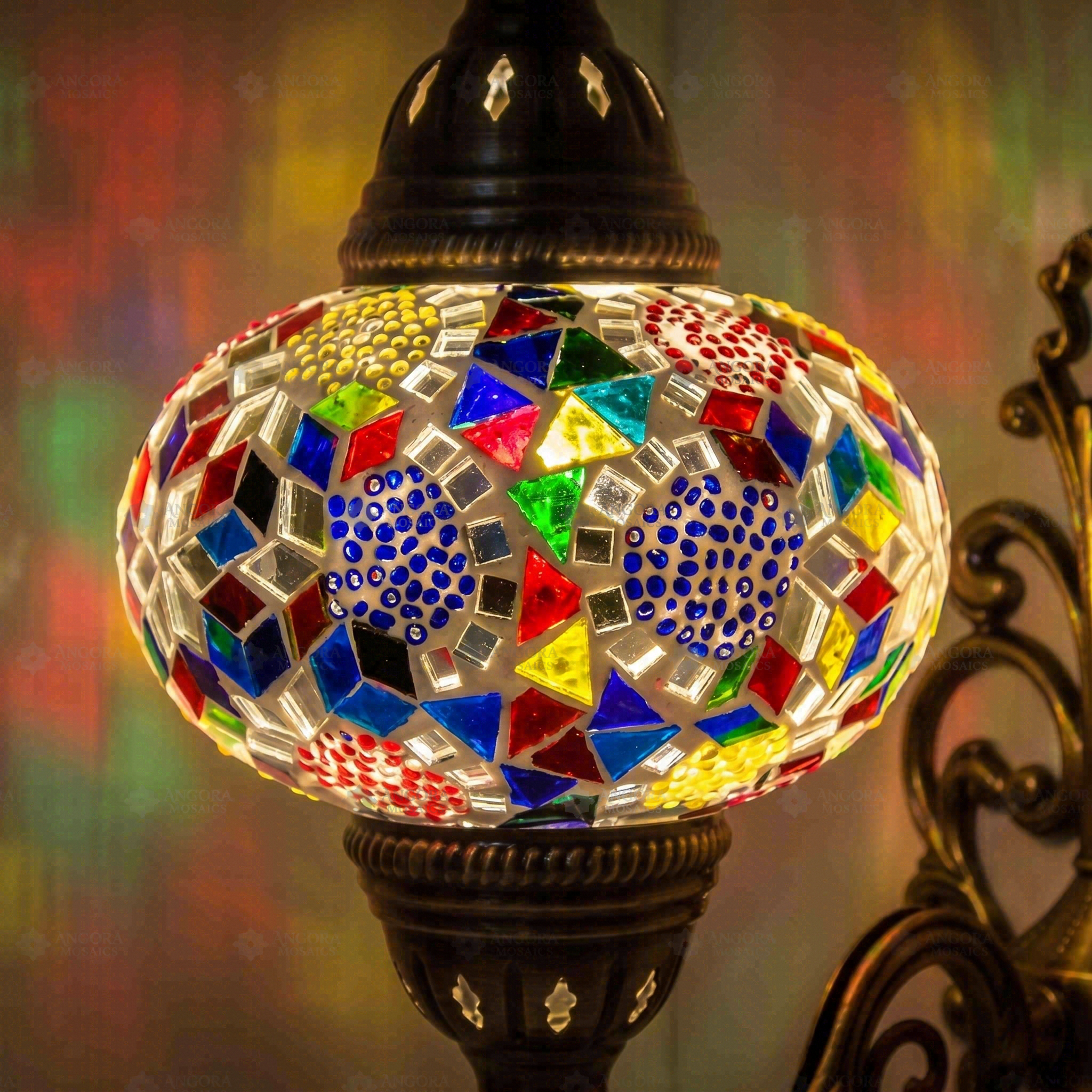 Lit close-up of mosaic glass globe — Multicolor wall sconce glowing (ENV APN3029)