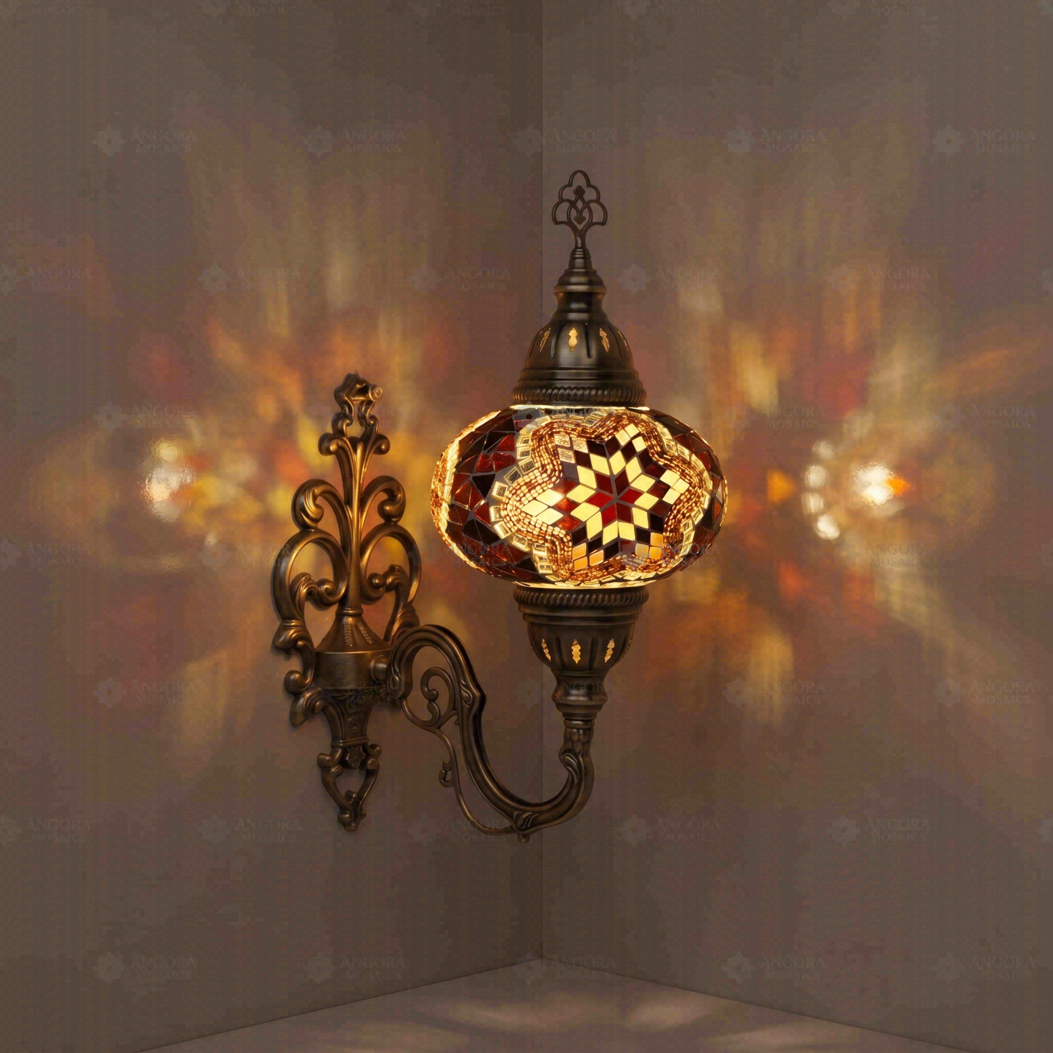 Amber Turkish mosaic wall sconce illuminated, showing colorful light projection (ENV APN3031)