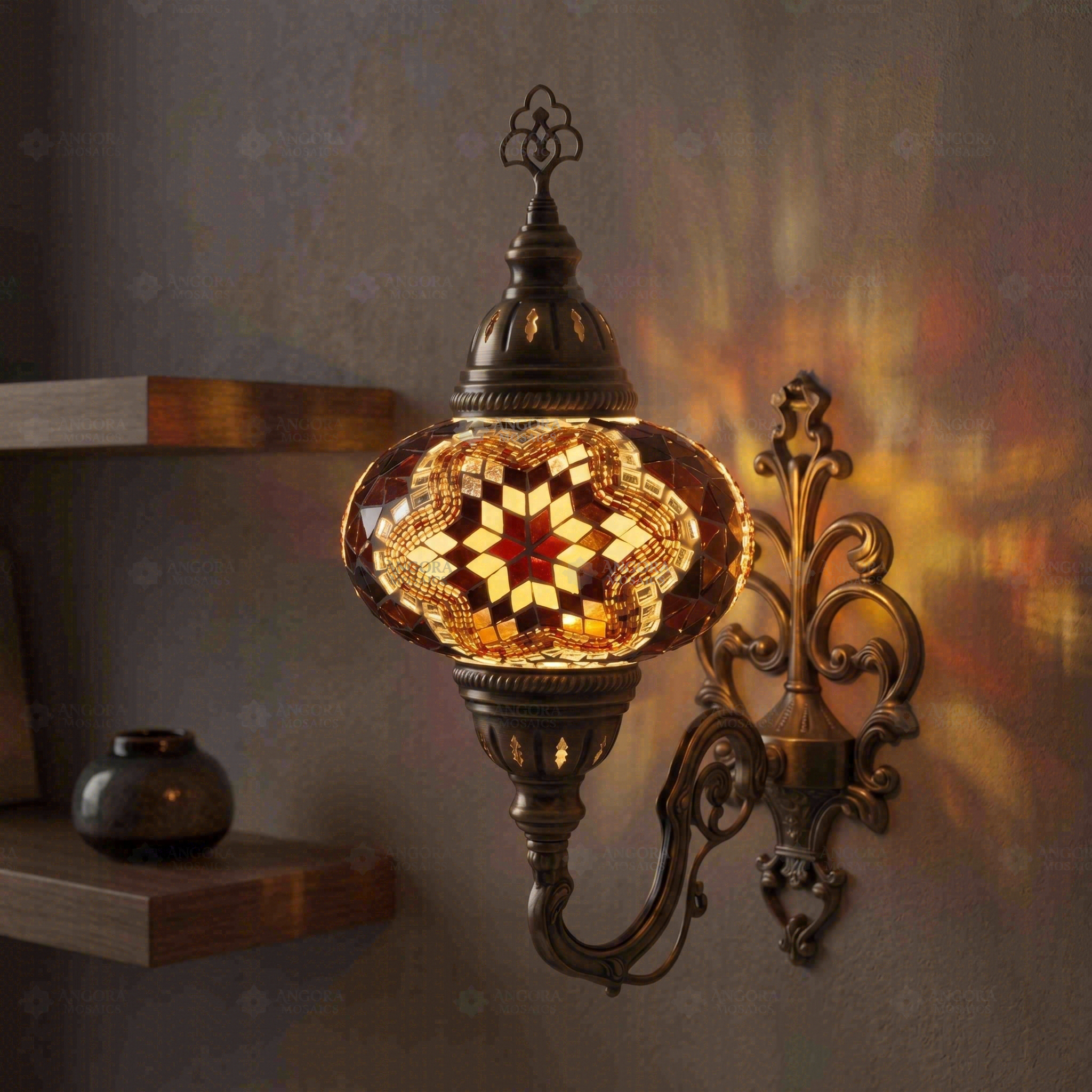Amber warm amber Turkish mosaic wall sconce in styled room — handmade Moroccan wall sconce (ENV APN3031)