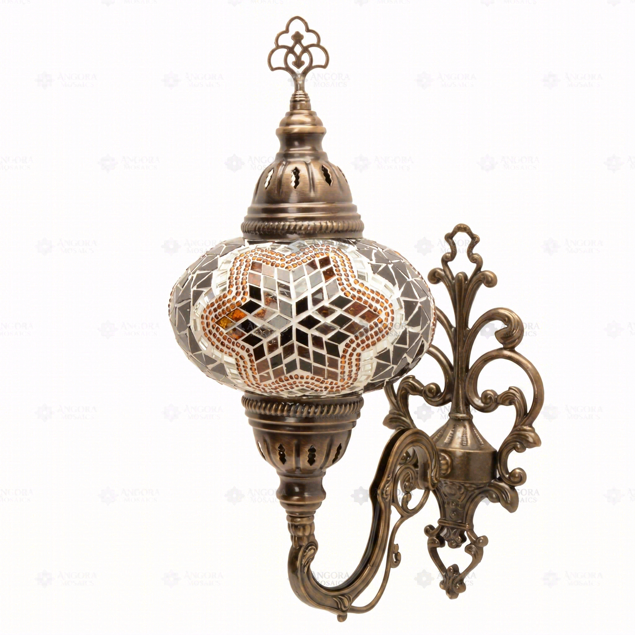 Full view of handmade Amber warm amber Turkish mosaic wall sconce on white background (ENV APN3031)