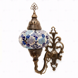 Full view of handmade Blue blue jewel Turkish mosaic wall sconce on white background (ENV APN3032)