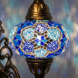 Lit close-up of mosaic glass globe — Blue wall sconce glowing (ENV APN3034)