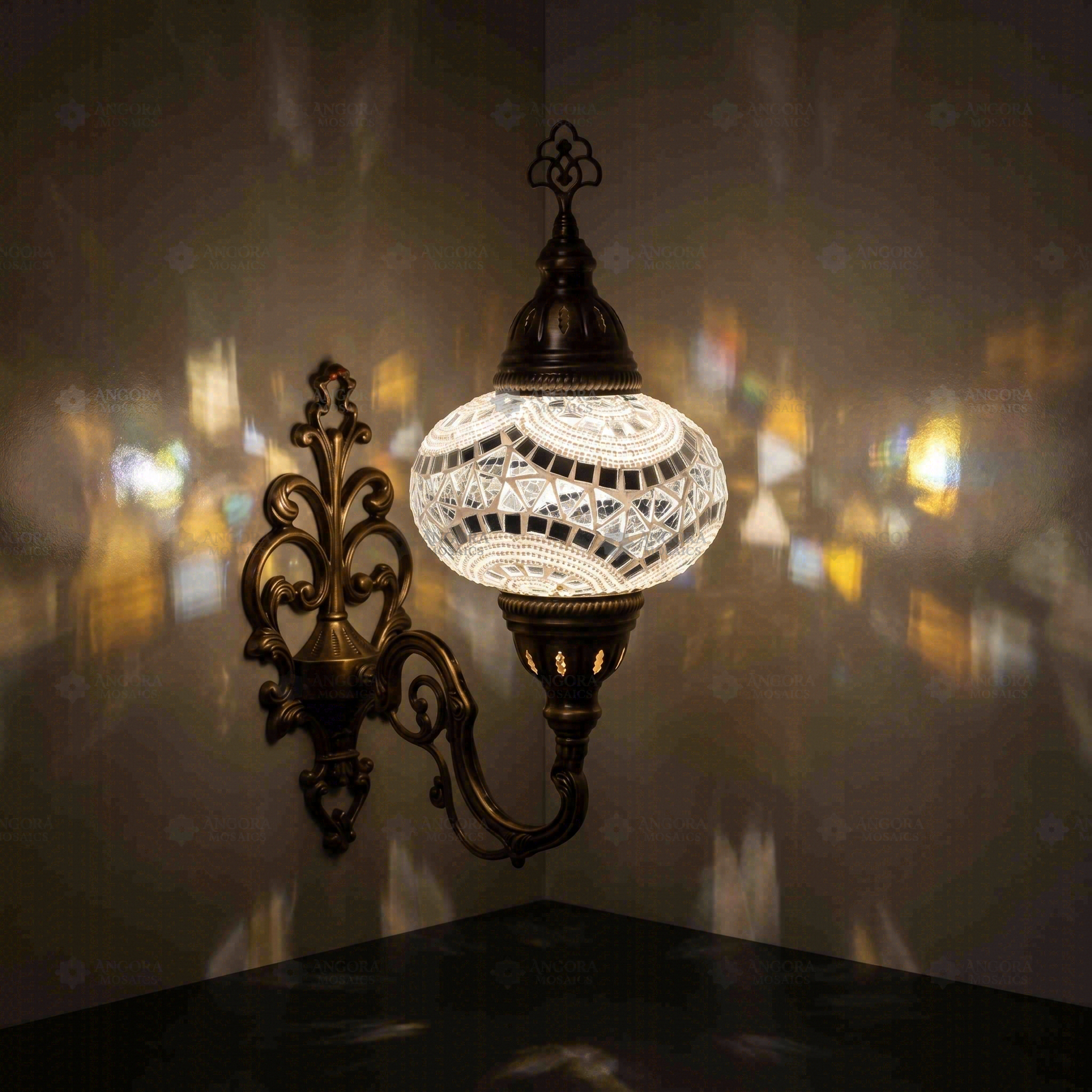 White Turkish mosaic wall sconce illuminated, showing colorful light projection (ENV APN3036)