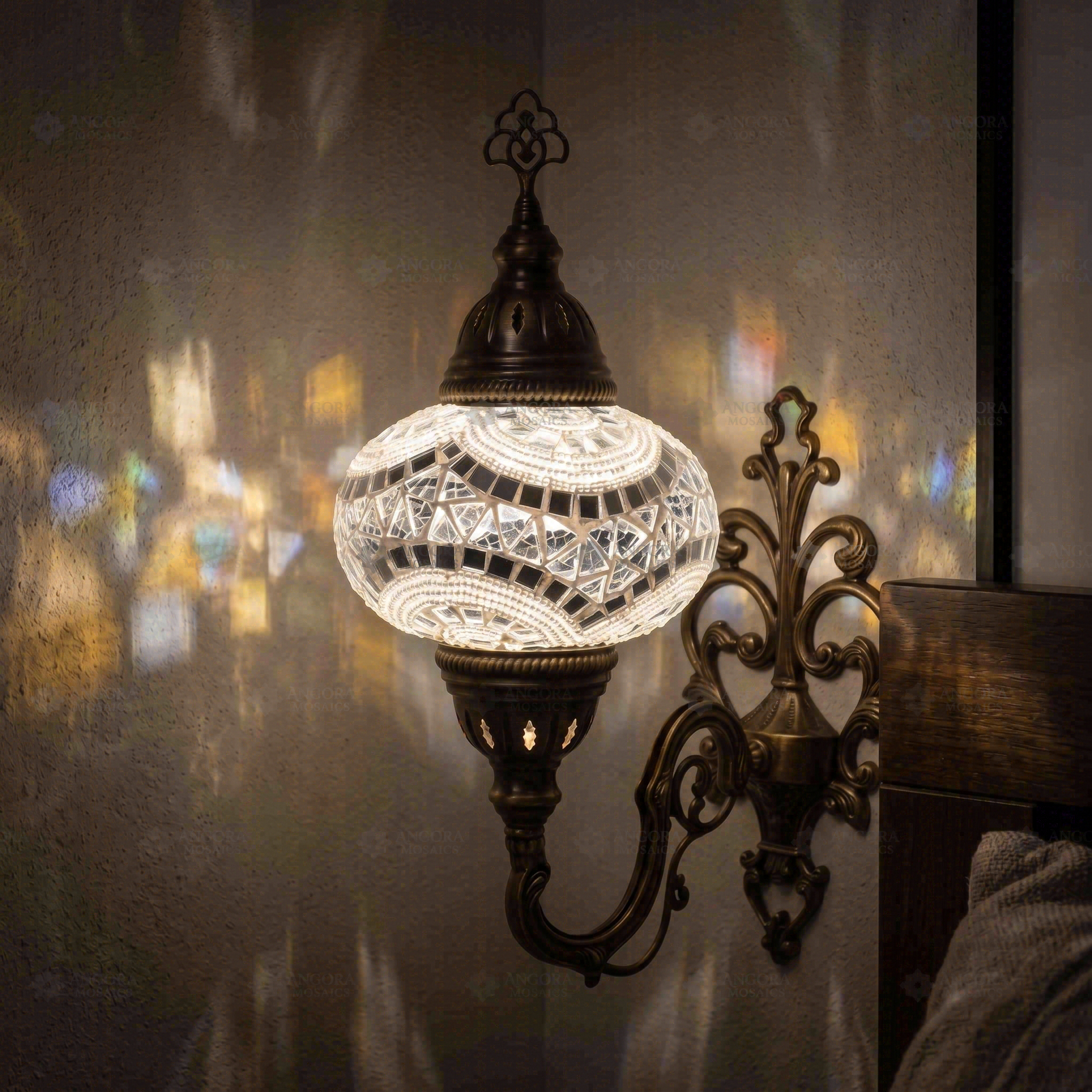 White white glow Turkish mosaic wall sconce in styled room — handmade Moroccan wall sconce (ENV APN3036)