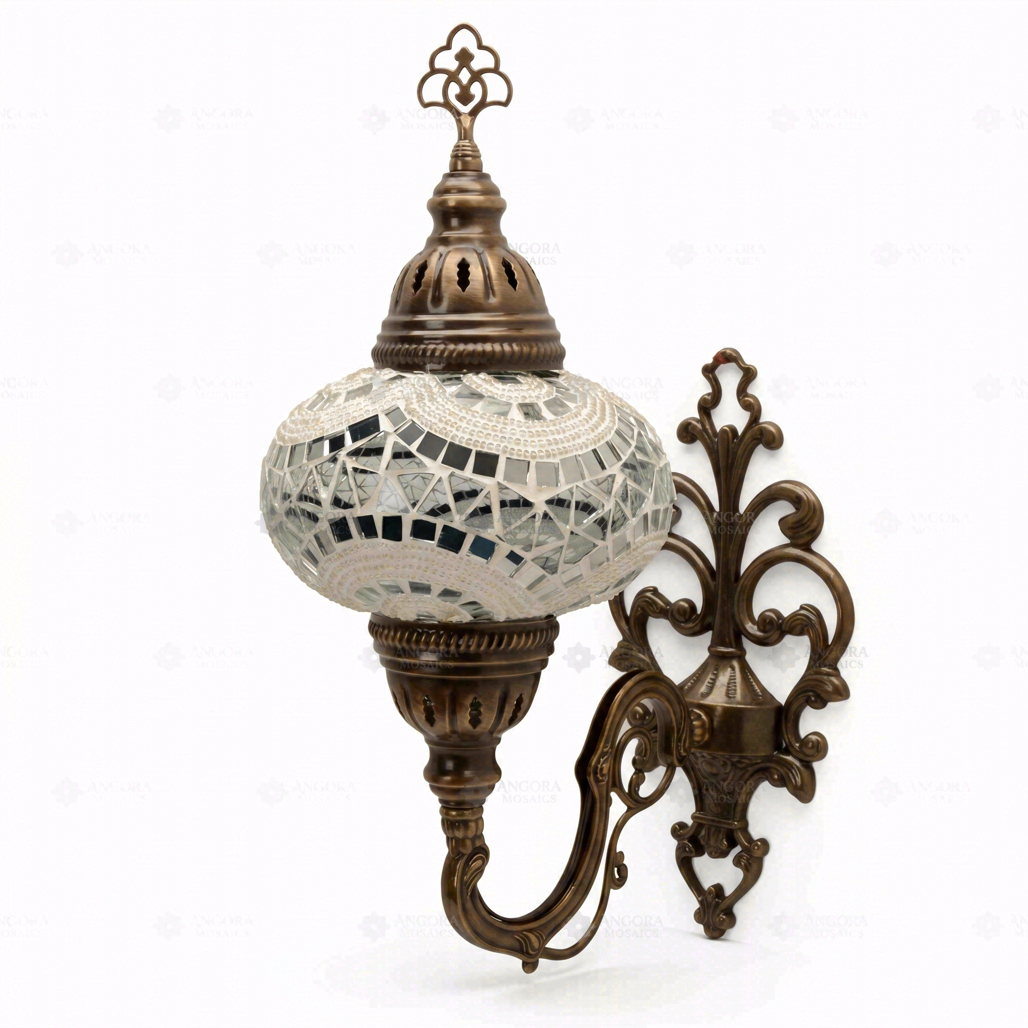 Full view of handmade White white glow Turkish mosaic wall sconce on white background (ENV APN3036)