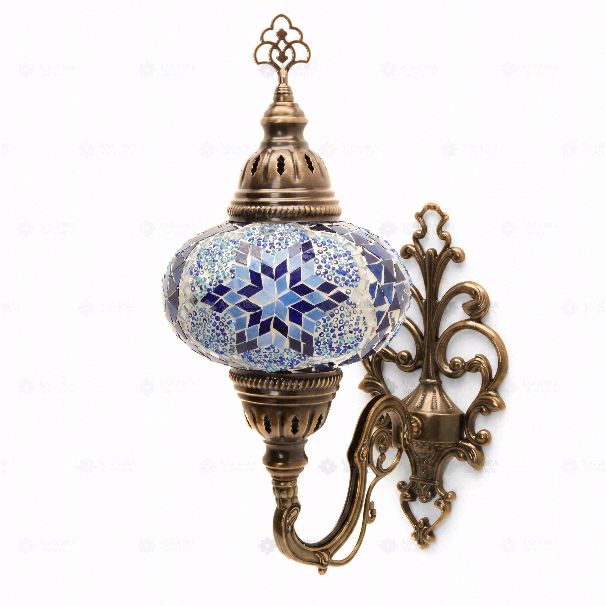 Full view of handmade Blue blue jewel Turkish mosaic wall sconce on white background (ENV APN3039)