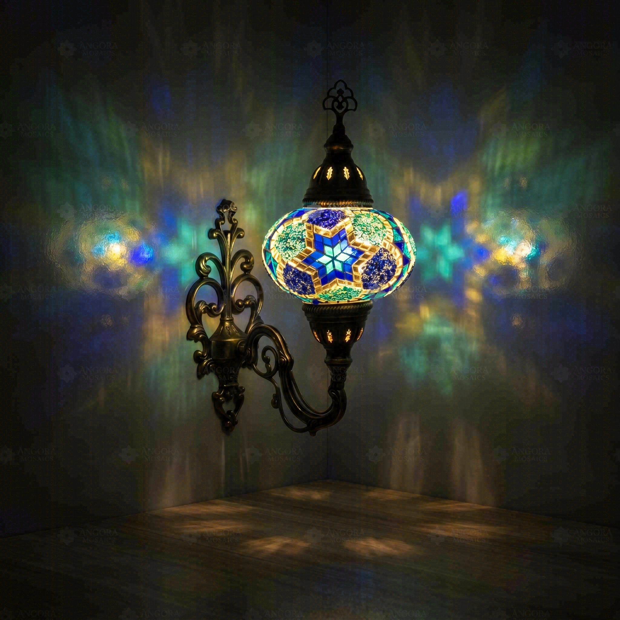 Blue Turkish mosaic wall sconce illuminated, showing colorful light projection (ENV APN3040)