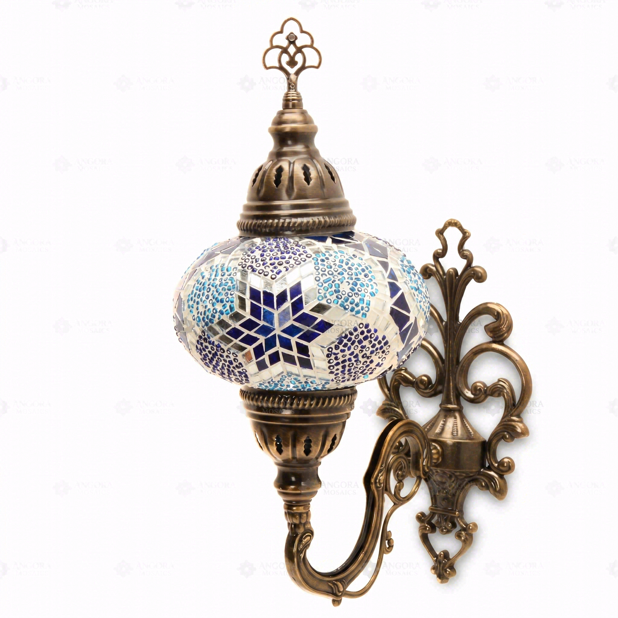 Full view of handmade Blue blue jewel Turkish mosaic wall sconce on white background (ENV APN3040)