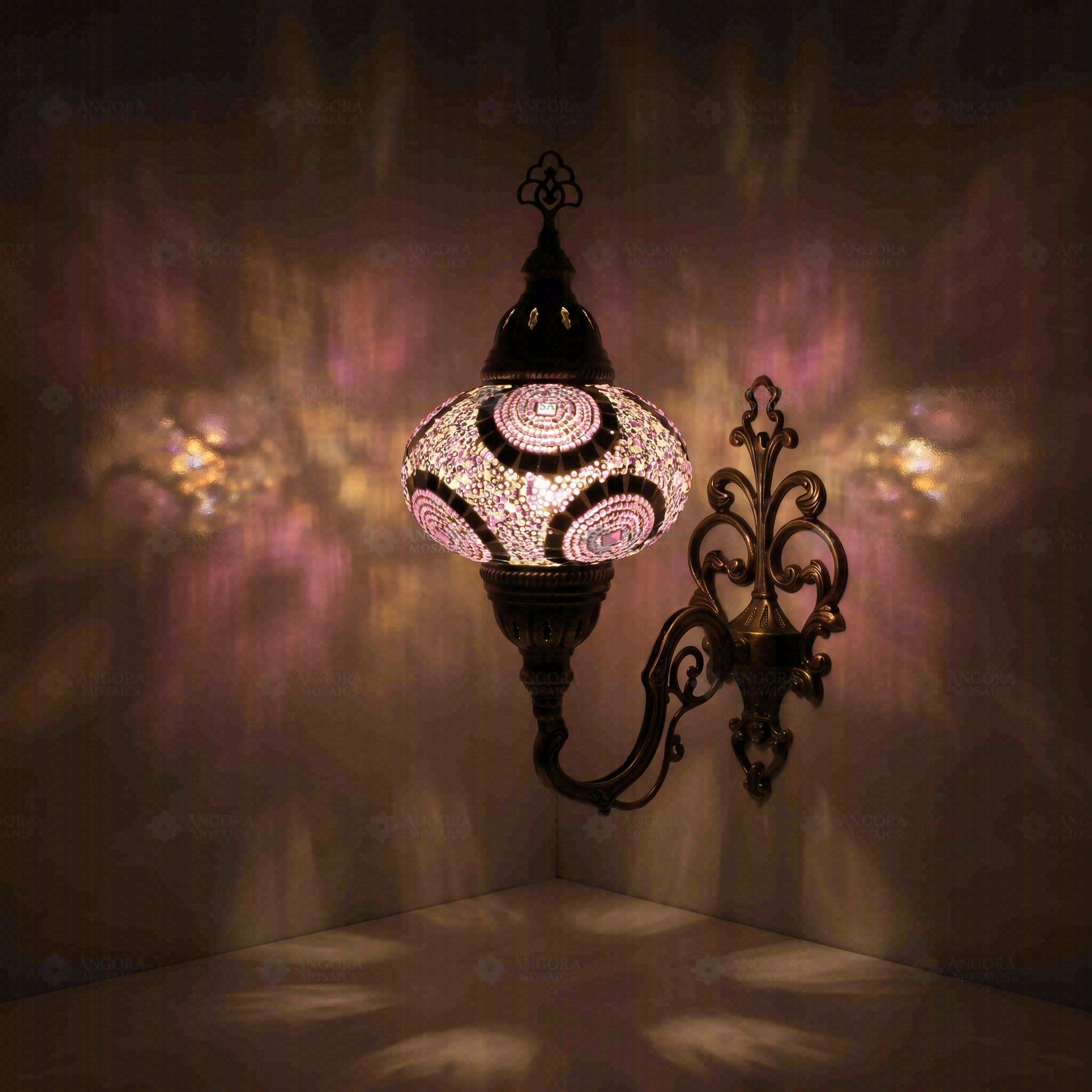 Purple Turkish mosaic wall sconce illuminated, showing colorful light projection (ENV APN3041)