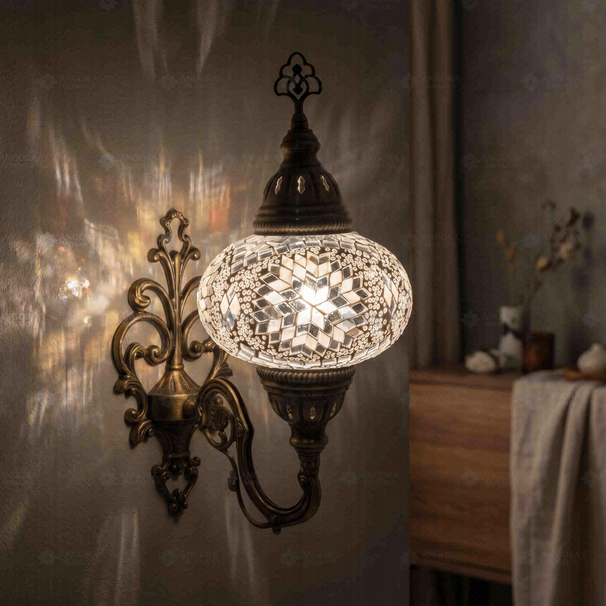 White white glow Turkish mosaic wall sconce in styled room — handmade Moroccan wall sconce (ENV APN3043)