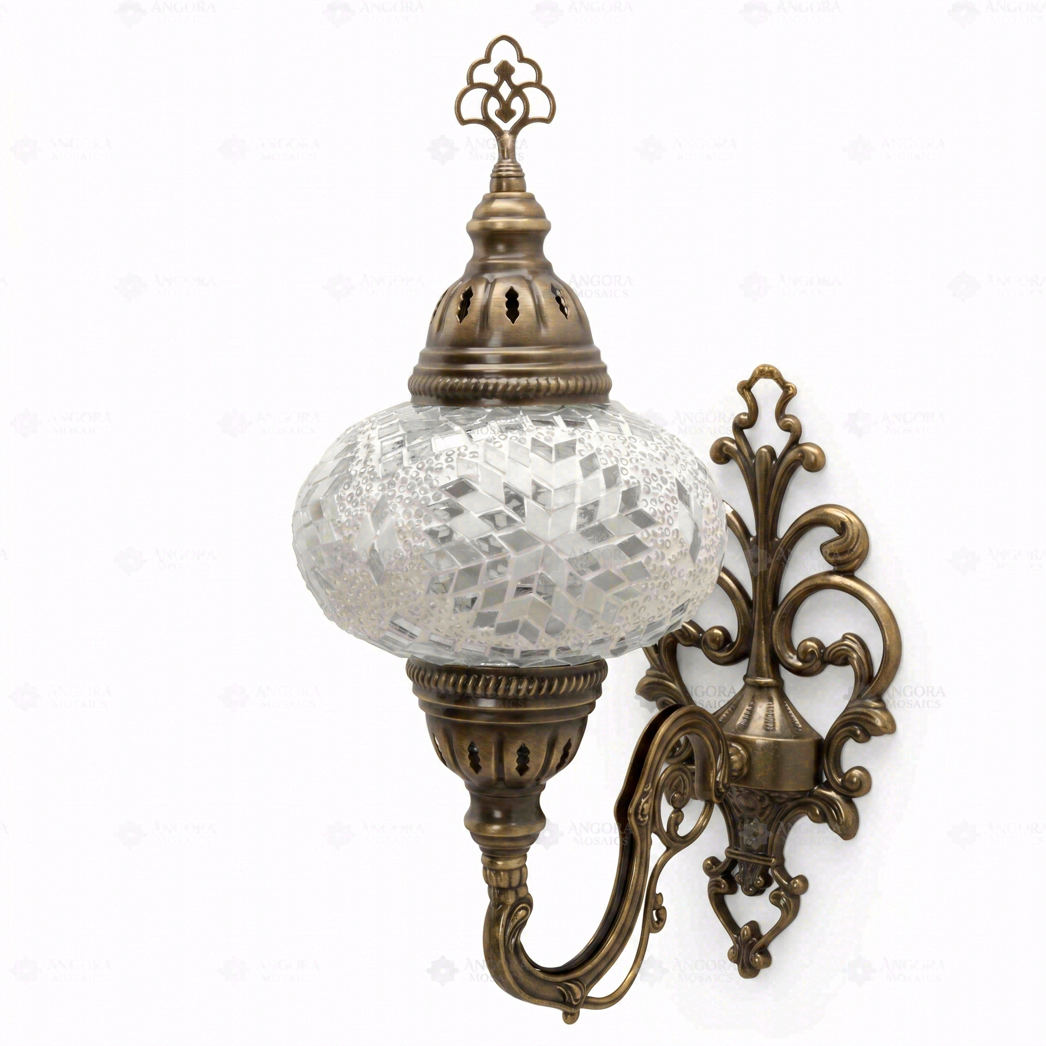 Full view of handmade White white glow Turkish mosaic wall sconce on white background (ENV APN3043)