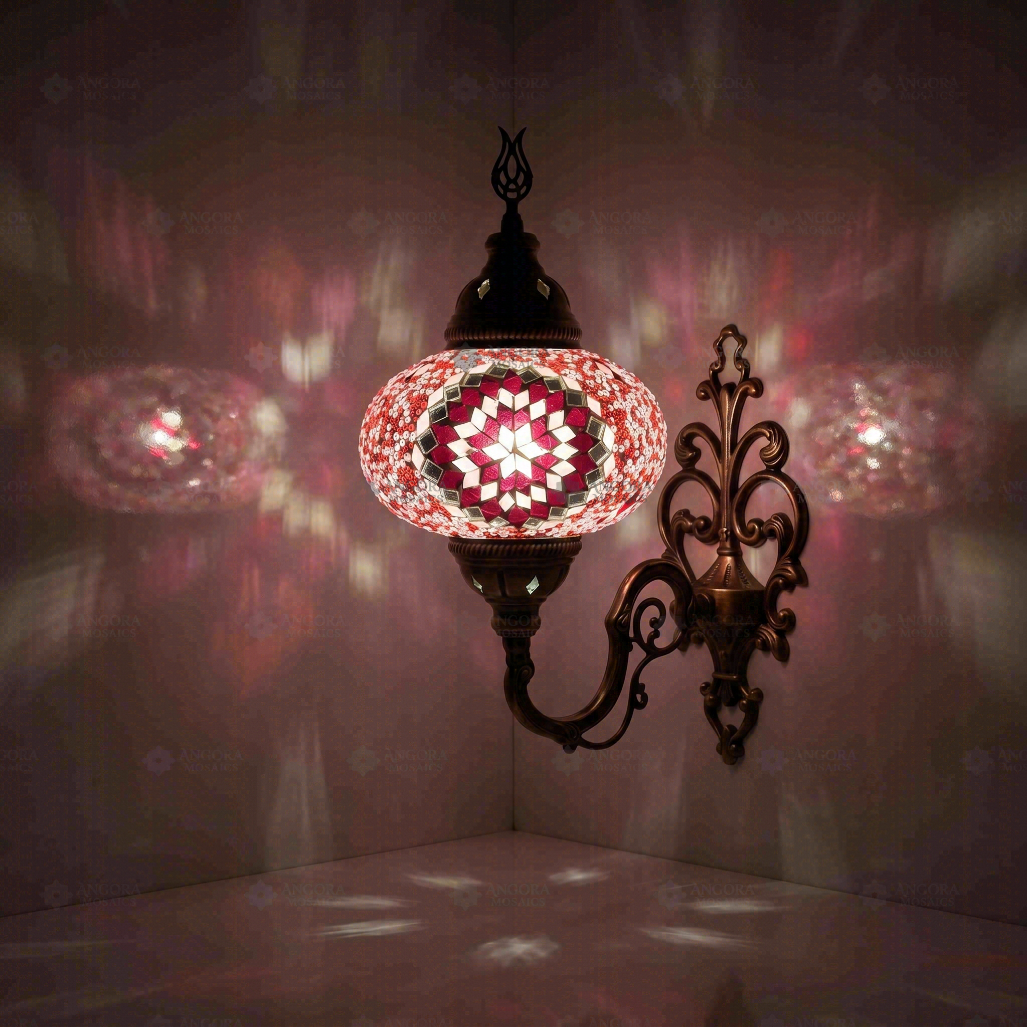 Pink Turkish mosaic wall sconce illuminated, showing colorful light projection (ENV APN3044)