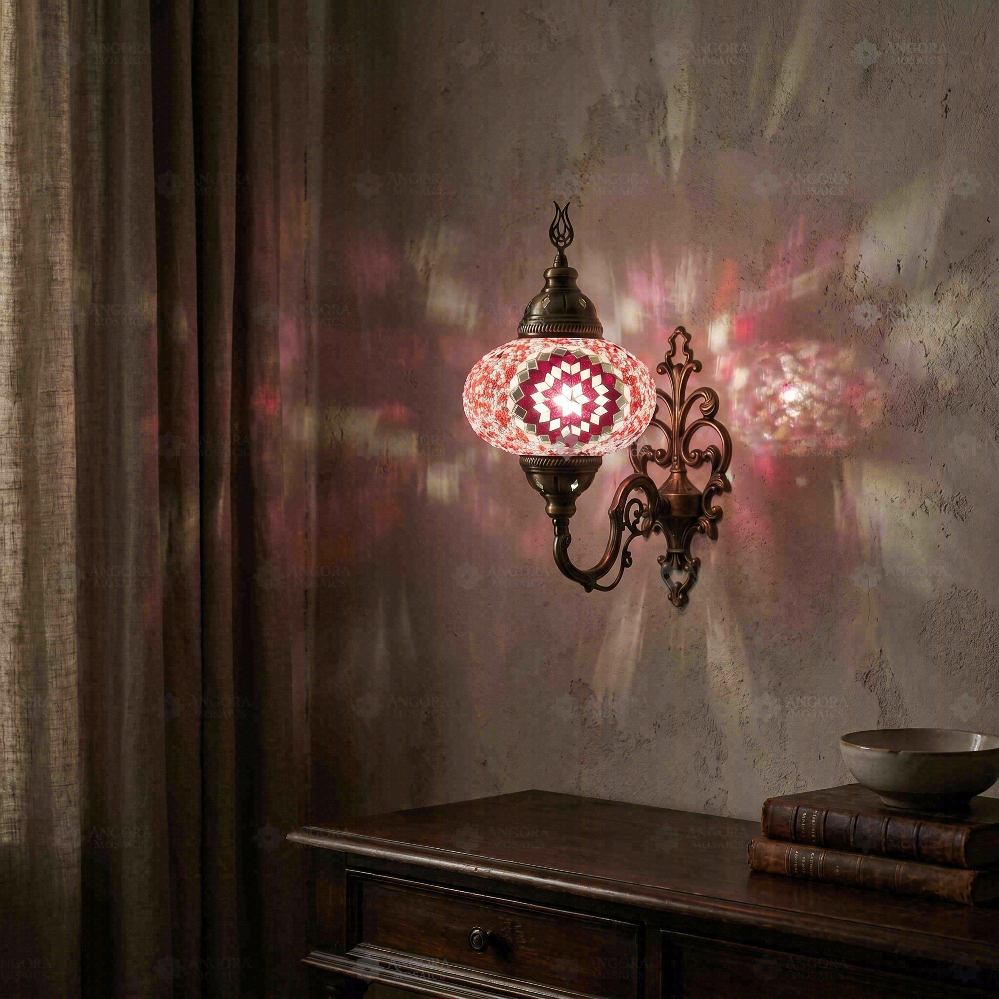 Pink pink rose Turkish mosaic wall sconce in styled room — handmade Moroccan wall sconce (ENV APN3044)