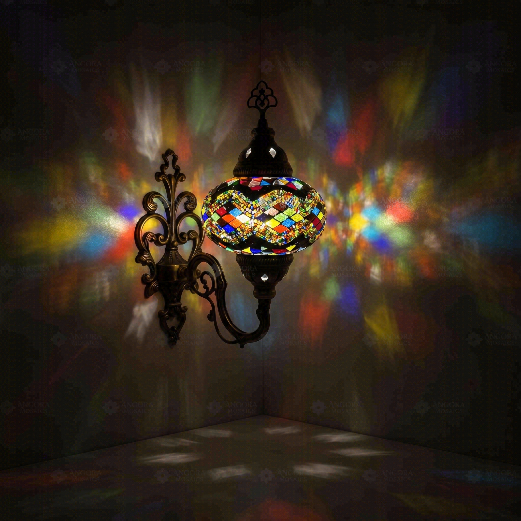Multicolor Turkish mosaic wall sconce illuminated, showing colorful light projection (ENV APN3047)