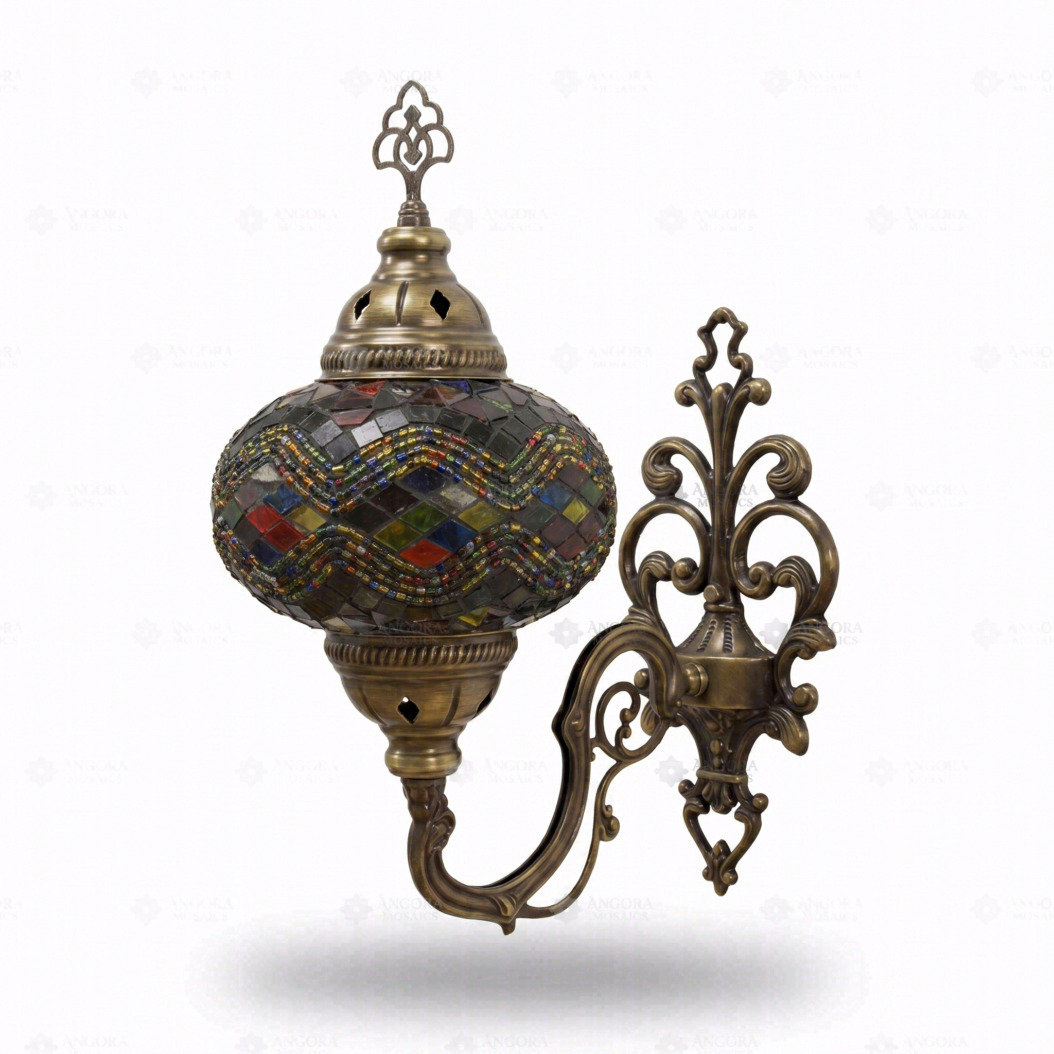 Full view of handmade Multicolor multicolor jewel Turkish mosaic wall sconce on white background (ENV APN3047)