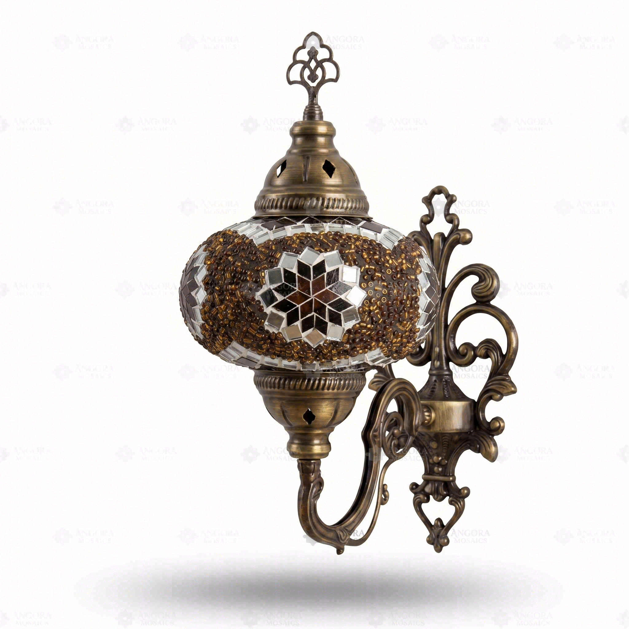 Full view of handmade Amber warm amber Turkish mosaic wall sconce on white background (ENV APN3049)