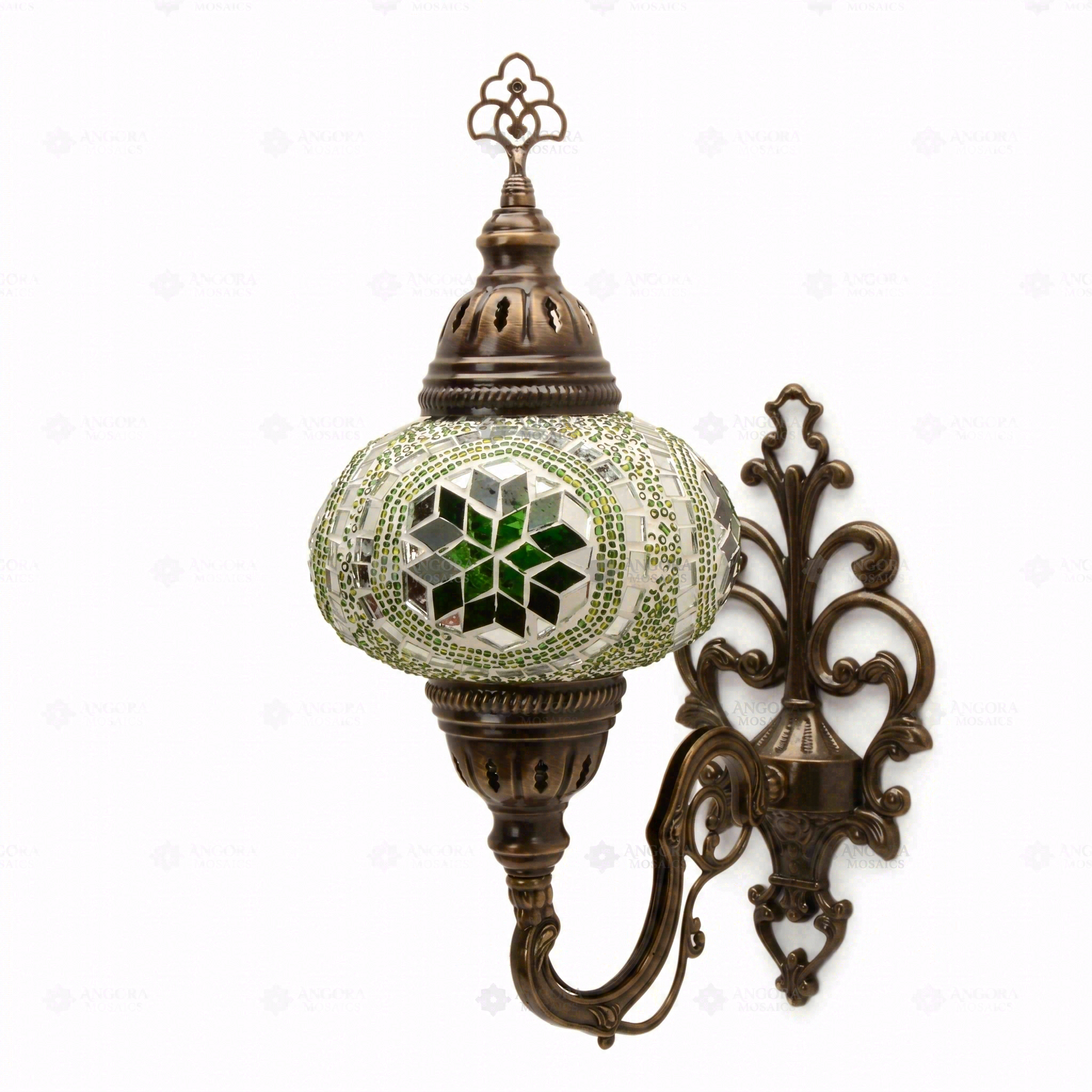 Full view of handmade Green green jewel Turkish mosaic wall sconce on white background (ENV APN3050)