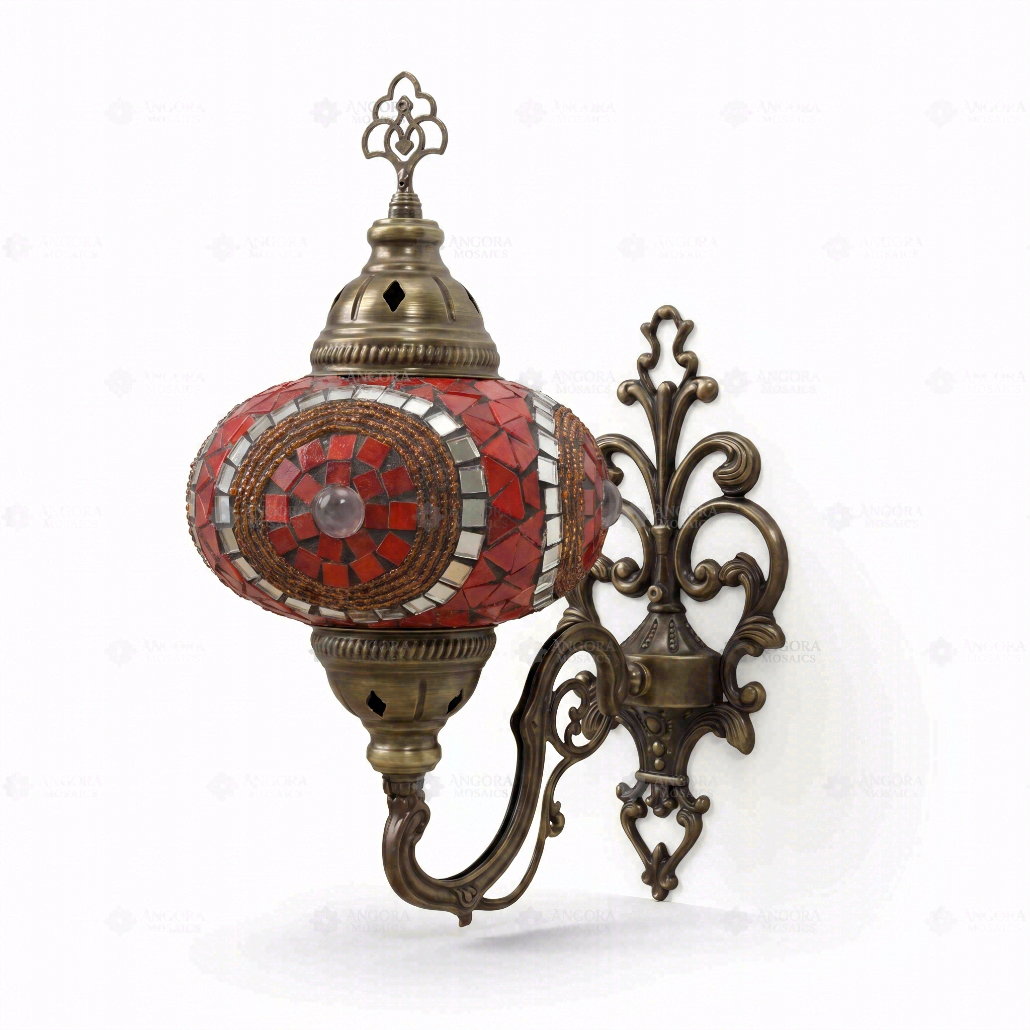 Full view of handmade Red ruby red Turkish mosaic wall sconce on white background (ENV APN3052)