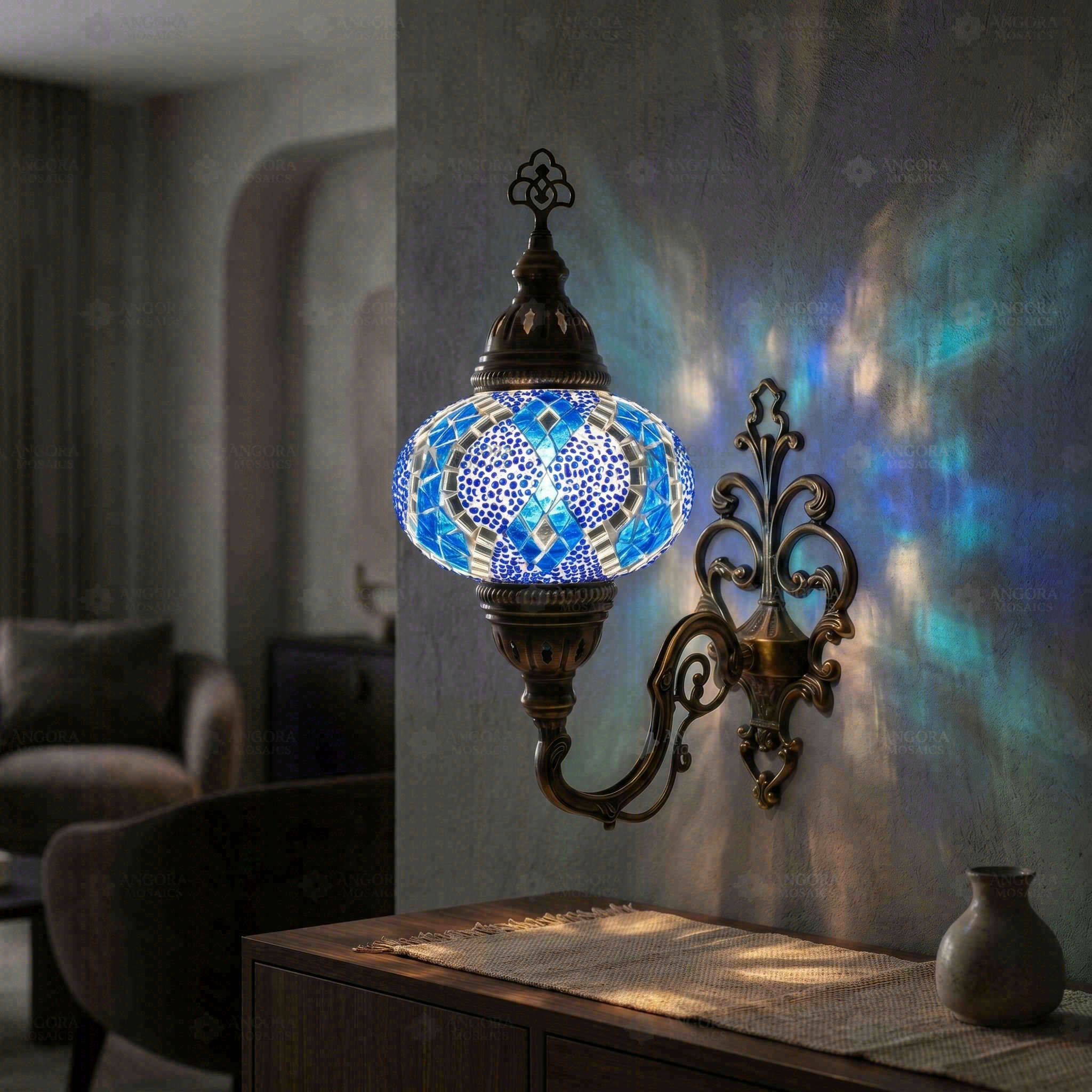 Blue blue jewel Turkish mosaic wall sconce in styled room — handmade Moroccan wall sconce (ENV APN3053)