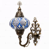 Full view of handmade Blue blue jewel Turkish mosaic wall sconce on white background (ENV APN3053)