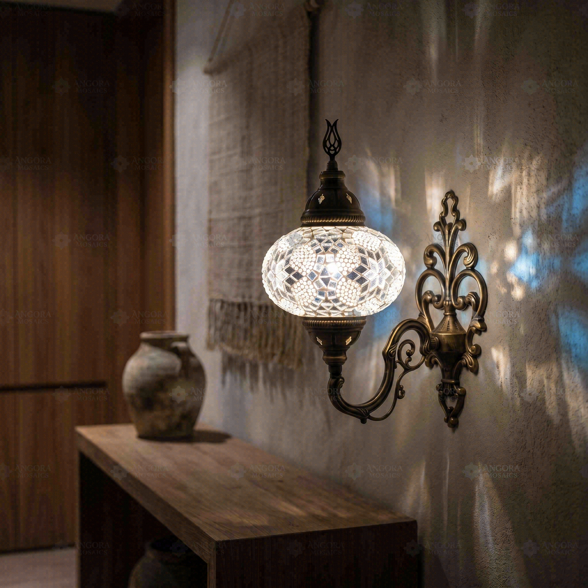White white glow Turkish mosaic wall sconce in styled room — handmade Moroccan wall sconce (ENV APN3054)
