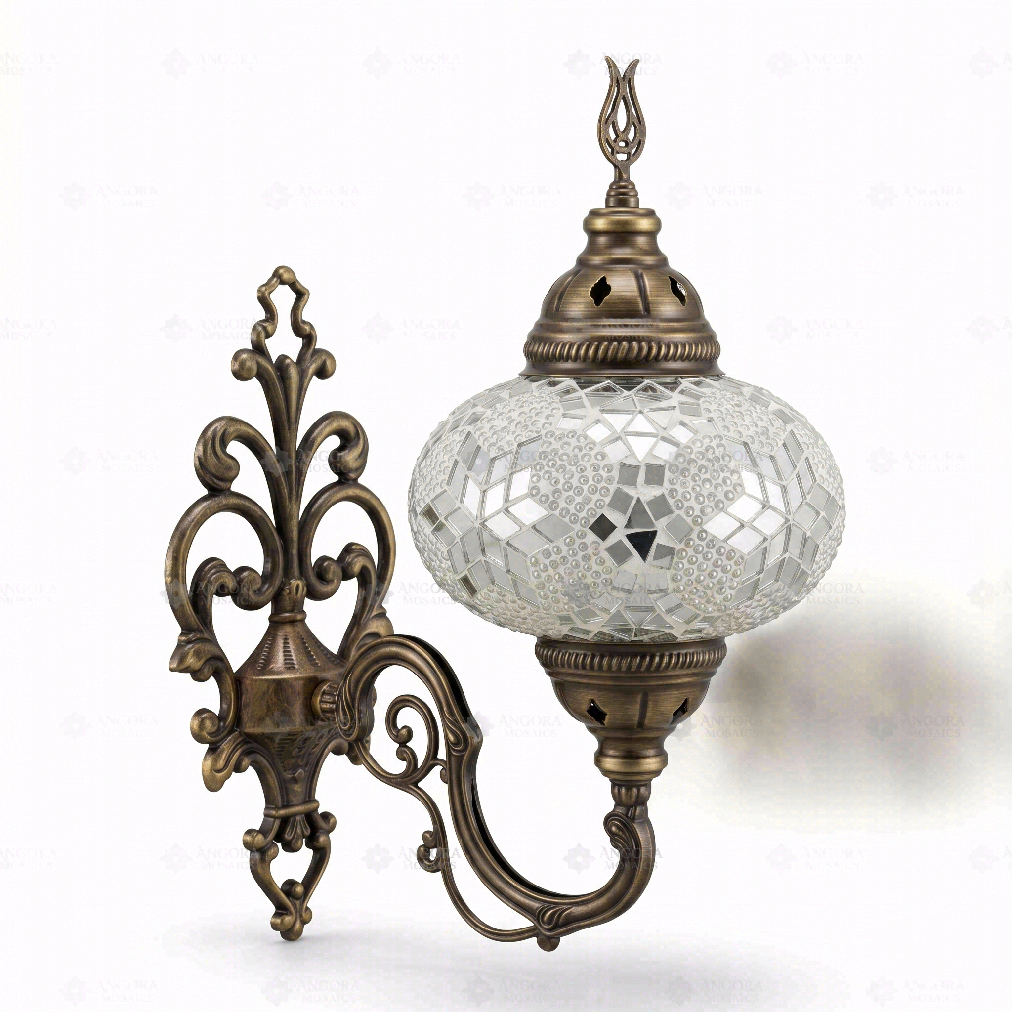Full view of handmade White white glow Turkish mosaic wall sconce on white background (ENV APN3054)