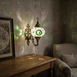 Green green jewel Turkish mosaic wall sconce in styled room — handmade Moroccan wall sconce (ENV APN3055)