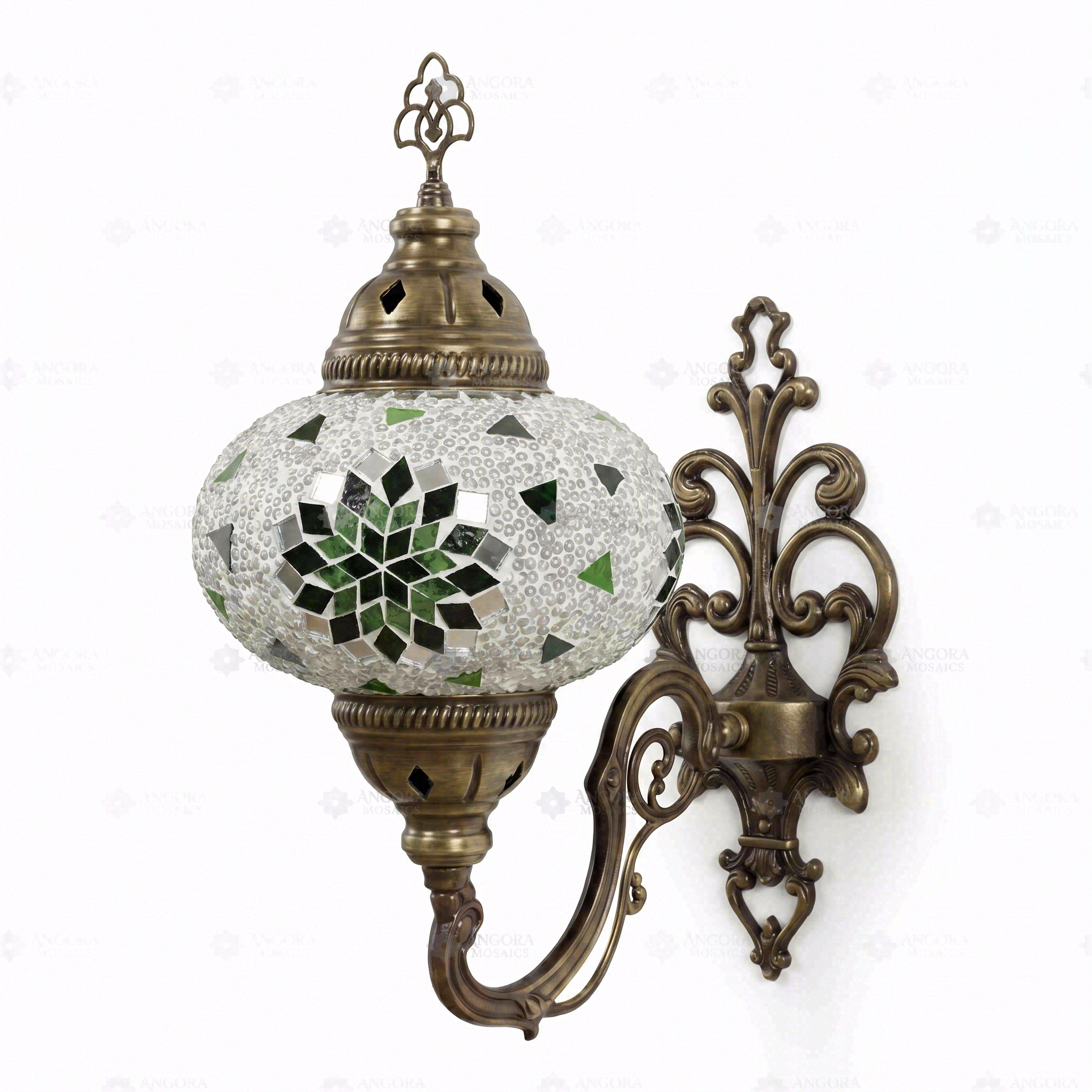 Full view of handmade Green green jewel Turkish mosaic wall sconce on white background (ENV APN3055)