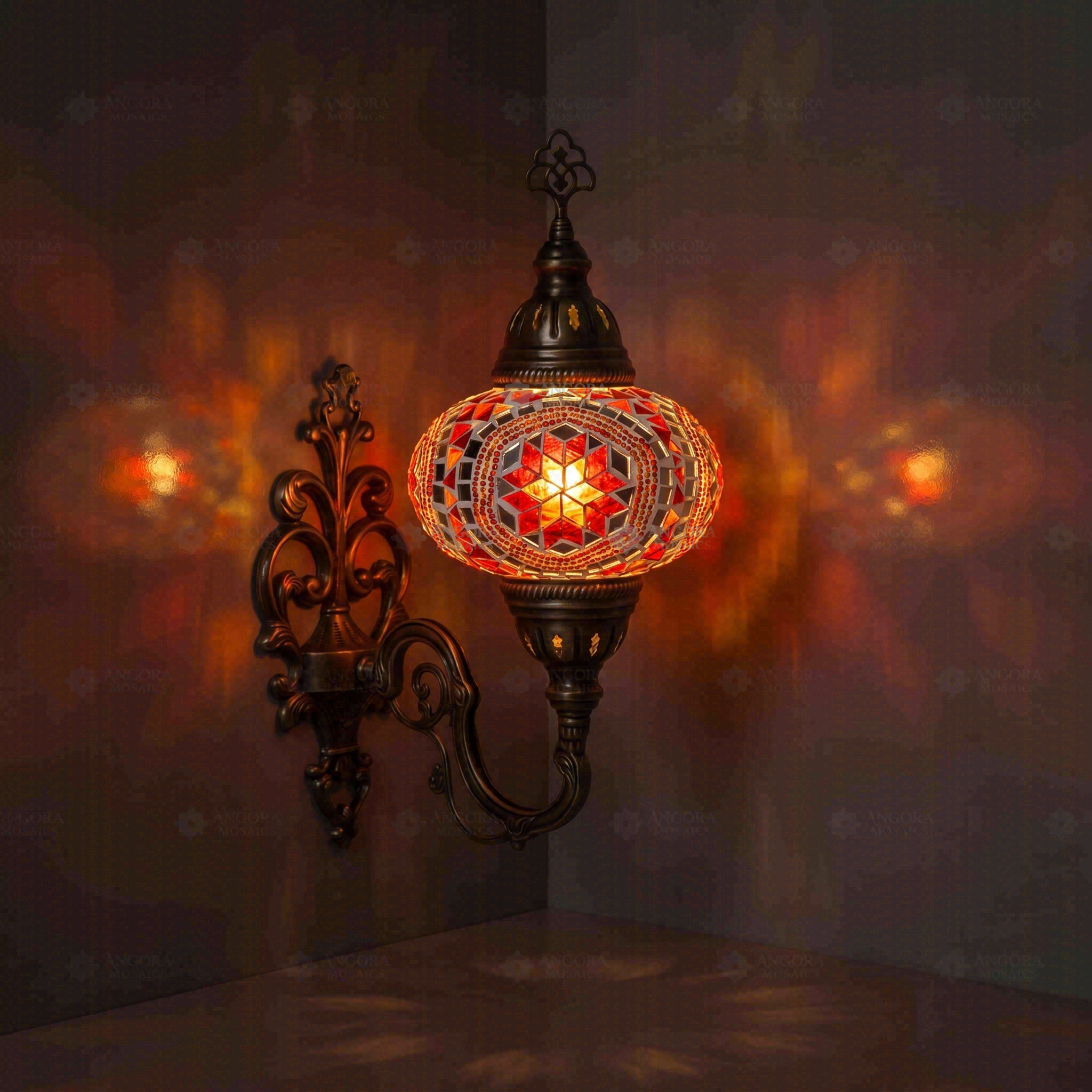 Red Turkish mosaic wall sconce illuminated, showing colorful light projection (ENV APN3056)