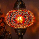 Lit close-up of mosaic glass globe — Red wall sconce glowing (ENV APN3056)