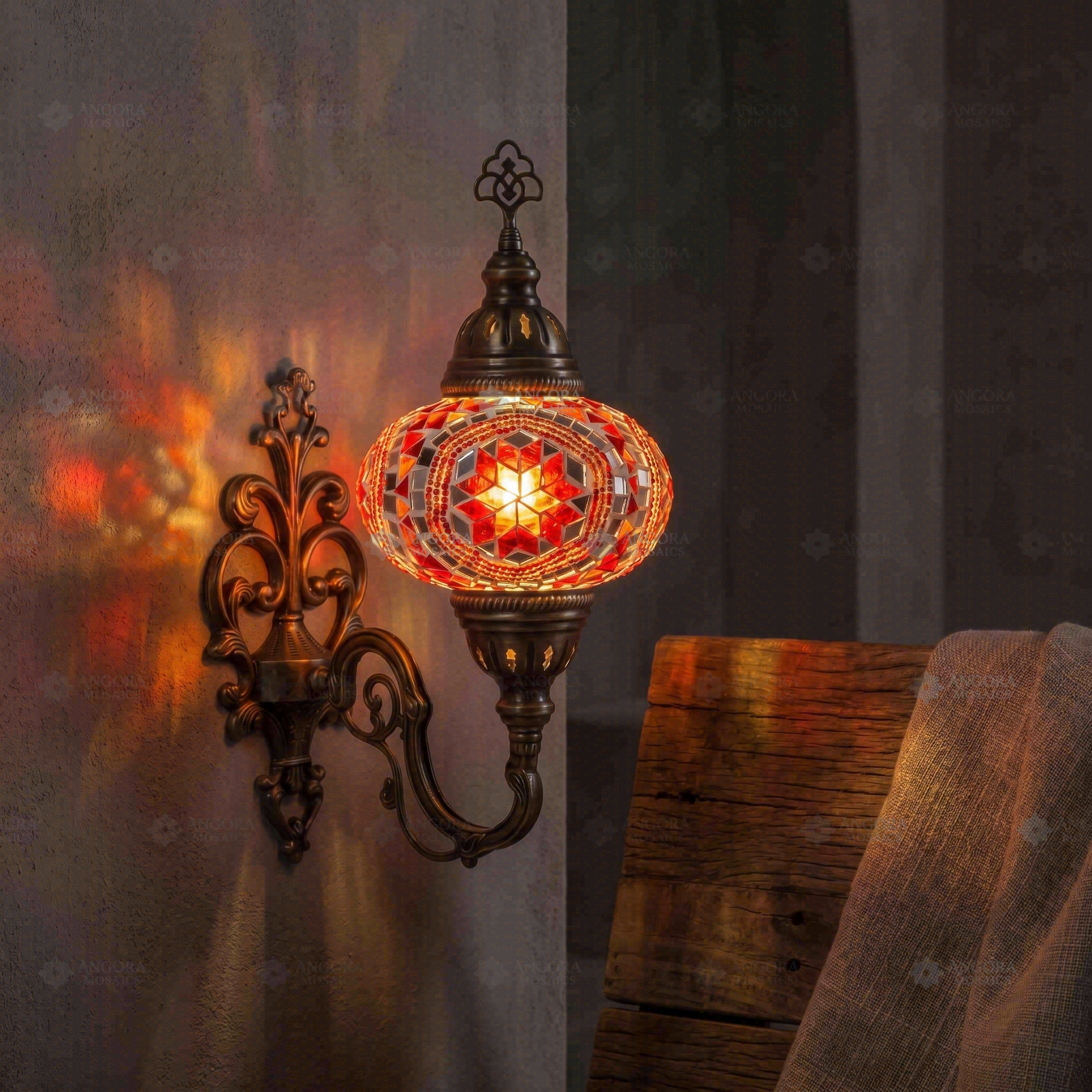 Red ruby red Turkish mosaic wall sconce in styled room — handmade Moroccan wall sconce (ENV APN3056)