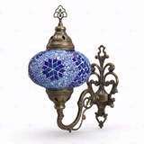 Full view of handmade Blue blue jewel Turkish mosaic wall sconce on white background (ENV APN3058)