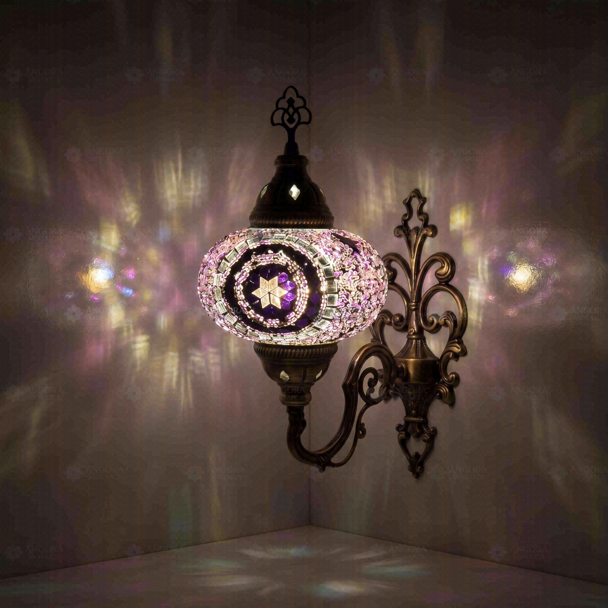 Purple Turkish mosaic wall sconce illuminated, showing colorful light projection (ENV APN3059)