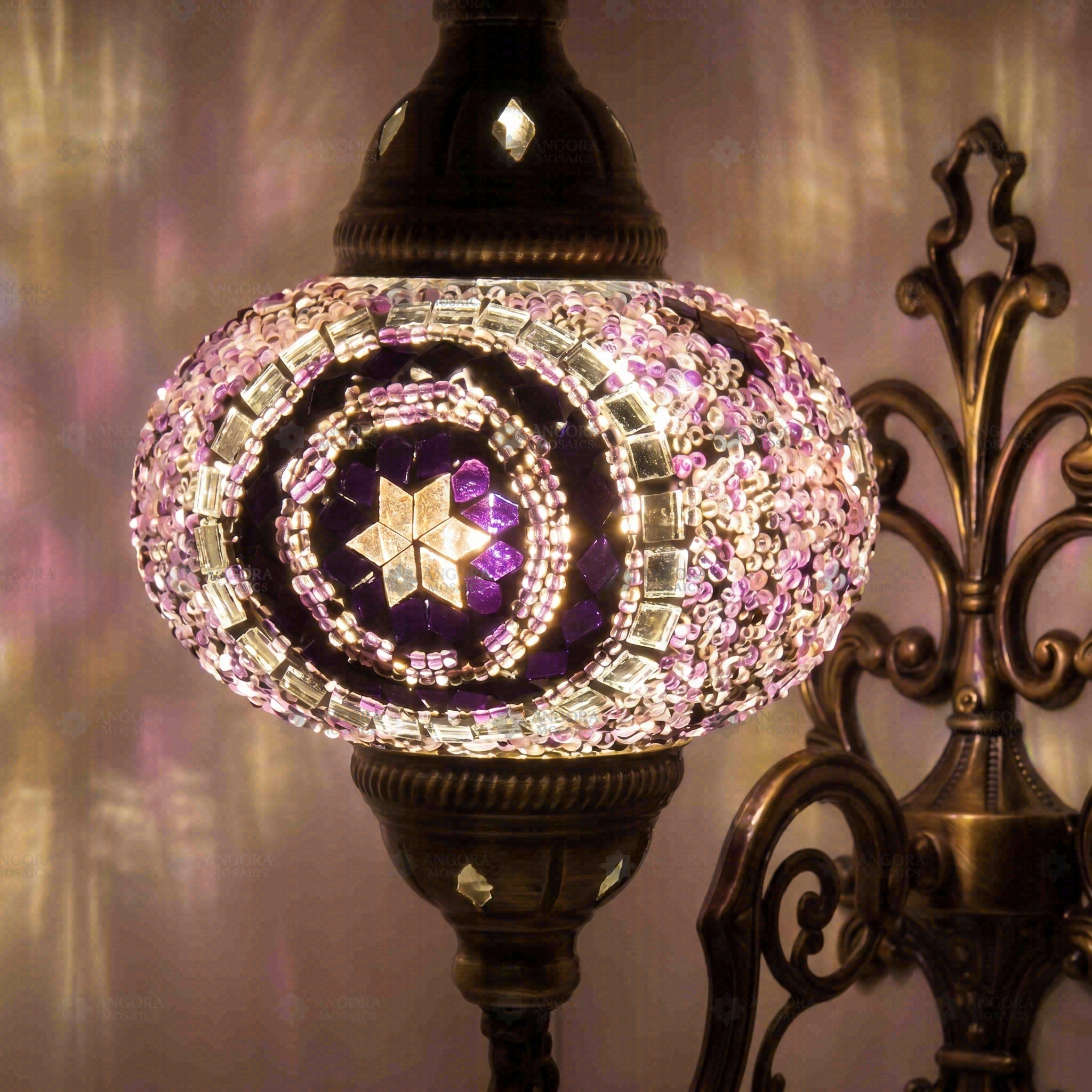 Lit close-up of mosaic glass globe — Purple wall sconce glowing (ENV APN3059)