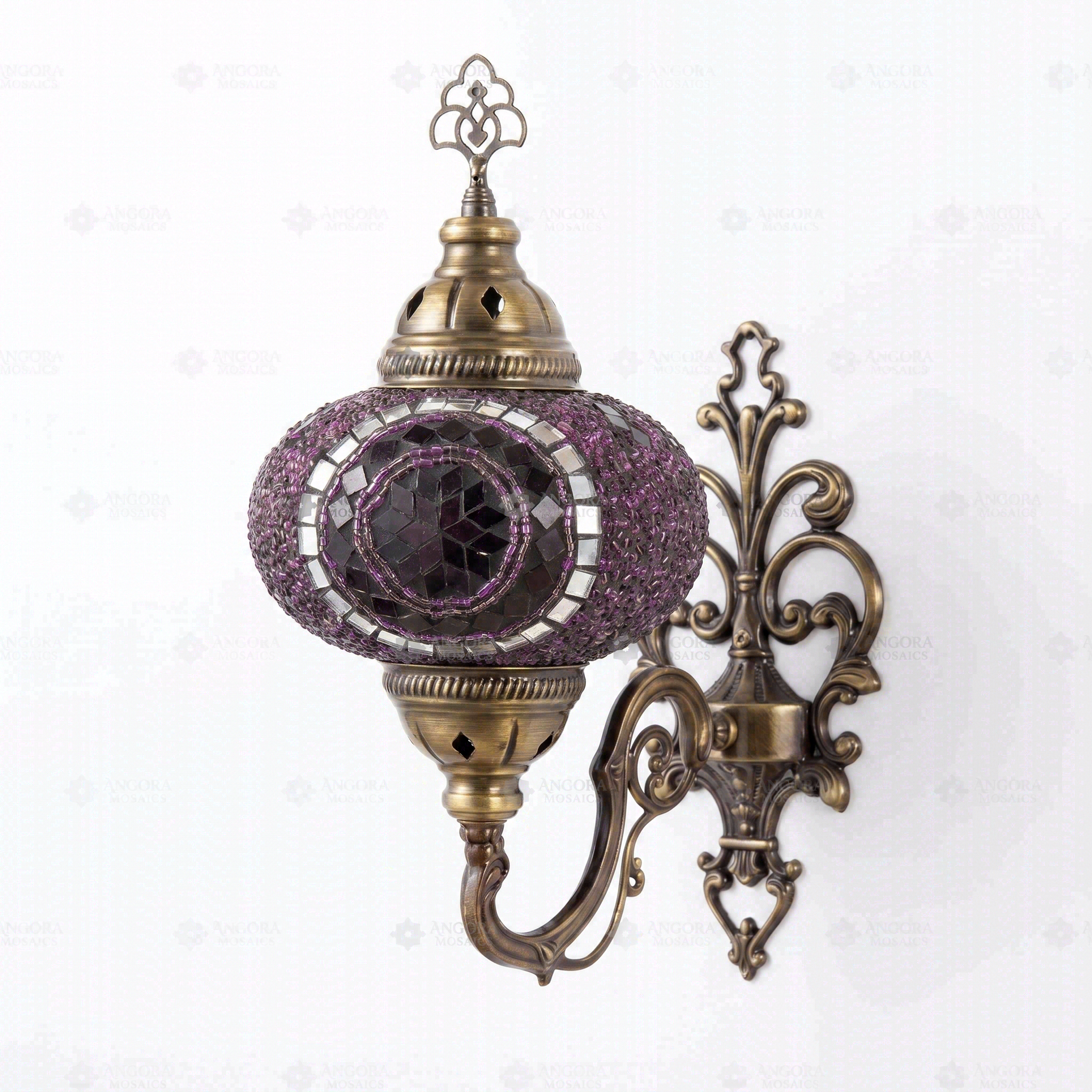 Full view of handmade Purple purple jewel Turkish mosaic wall sconce on white background (ENV APN3059)