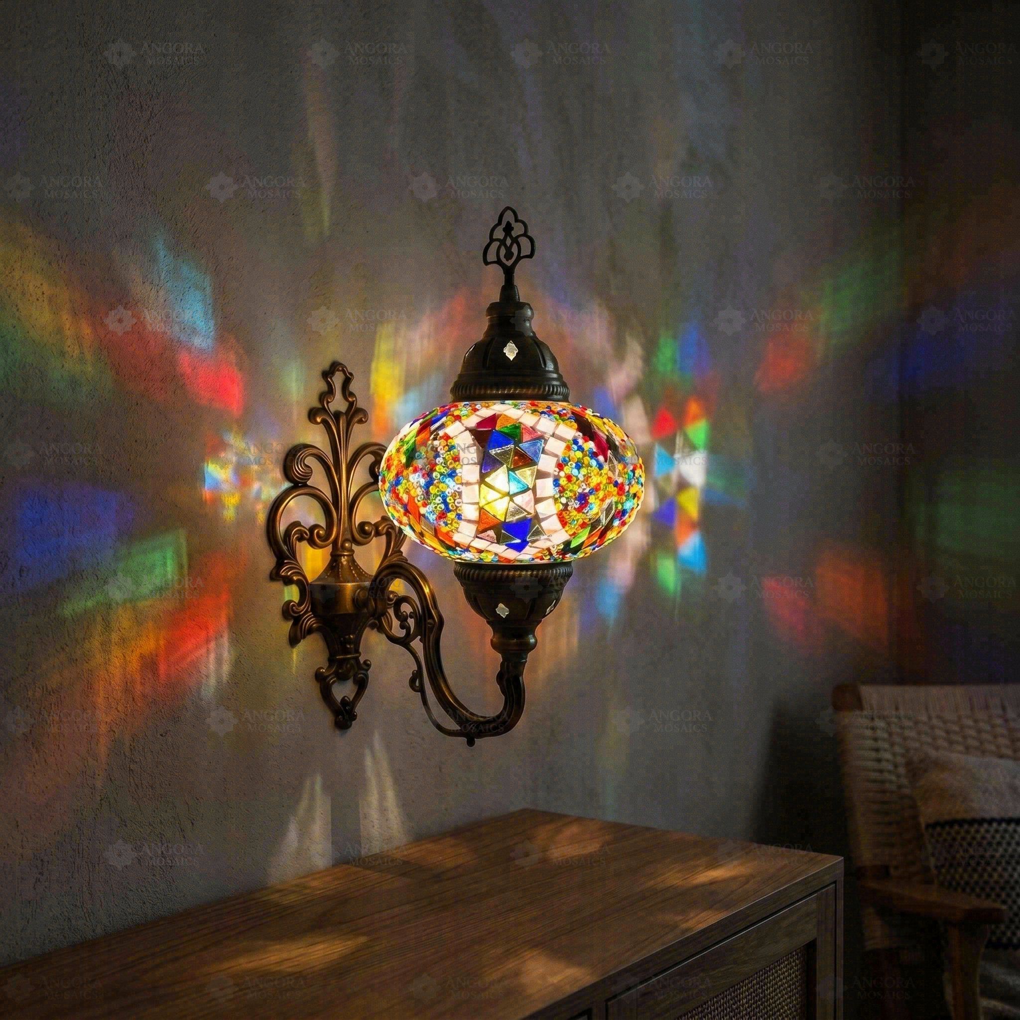 Multicolor multicolor jewel Turkish mosaic wall sconce in styled room — handmade Moroccan wall sconce (ENV APN3060)