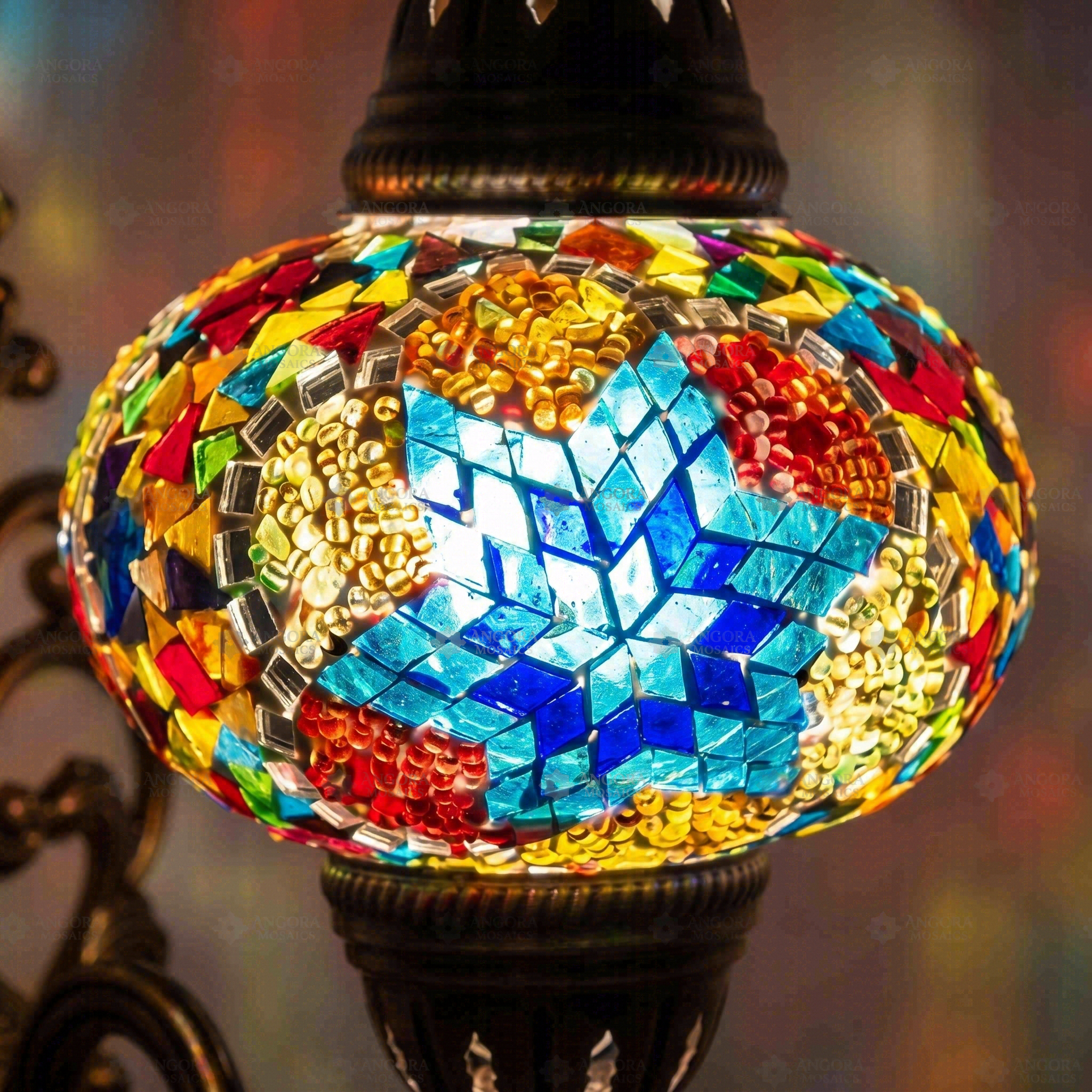 Lit close-up of mosaic glass globe — Multicolor wall sconce glowing (ENV APN3061)